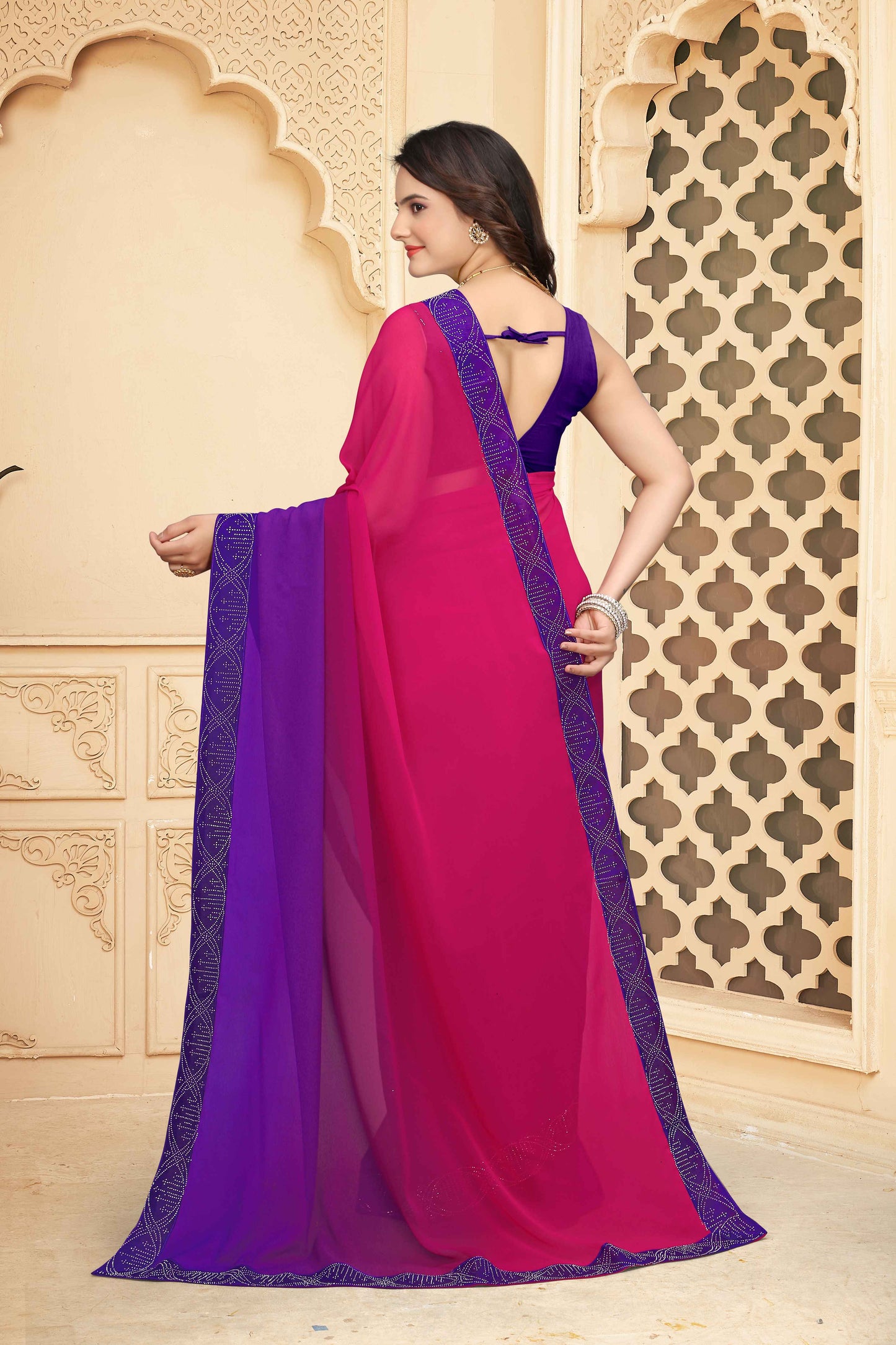 zeekha dimond stone work hot fixing georgette sarees With Unstitched Blouse Piece (magenta)