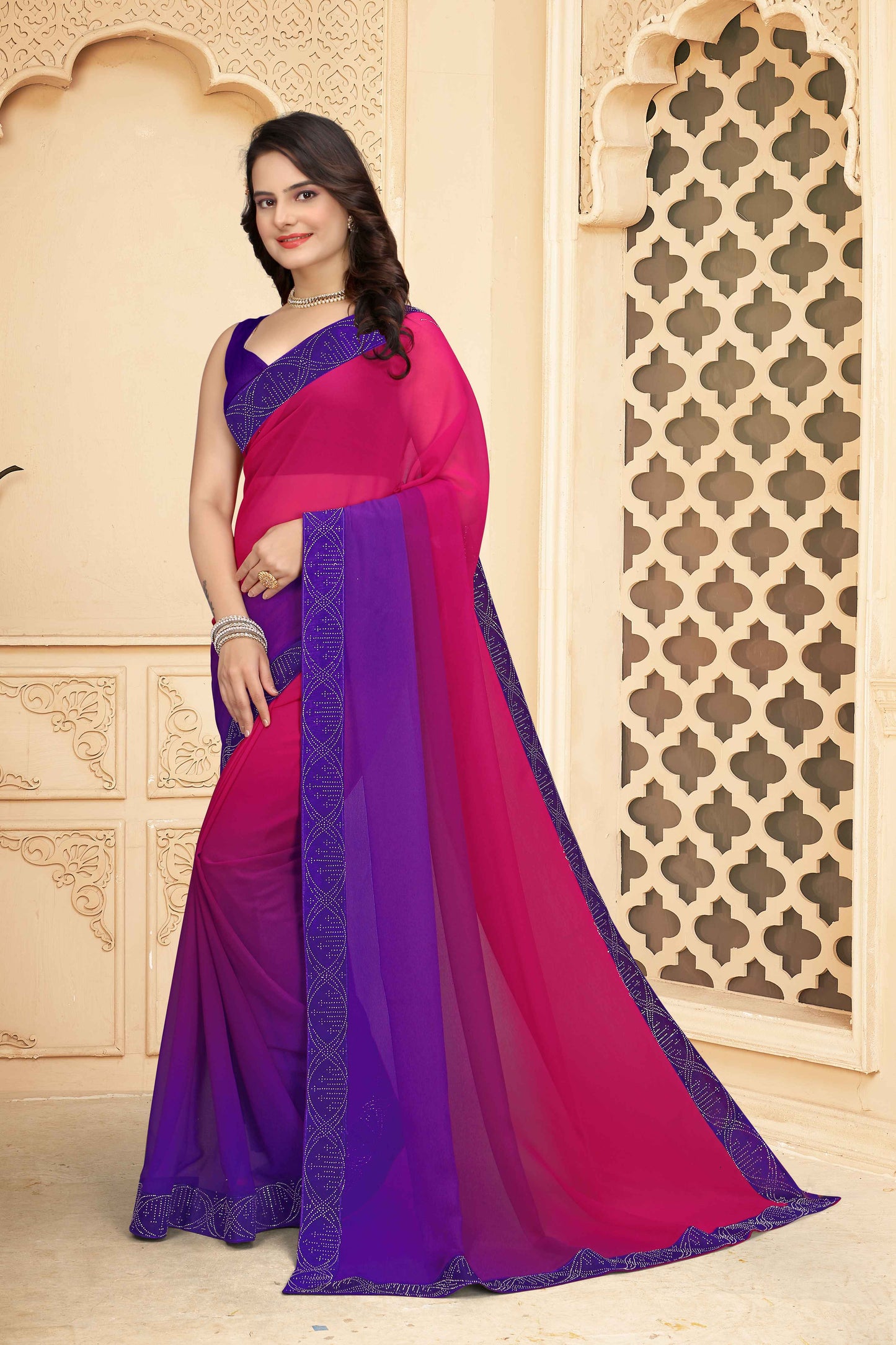 zeekha dimond stone work hot fixing georgette sarees With Unstitched Blouse Piece (magenta)