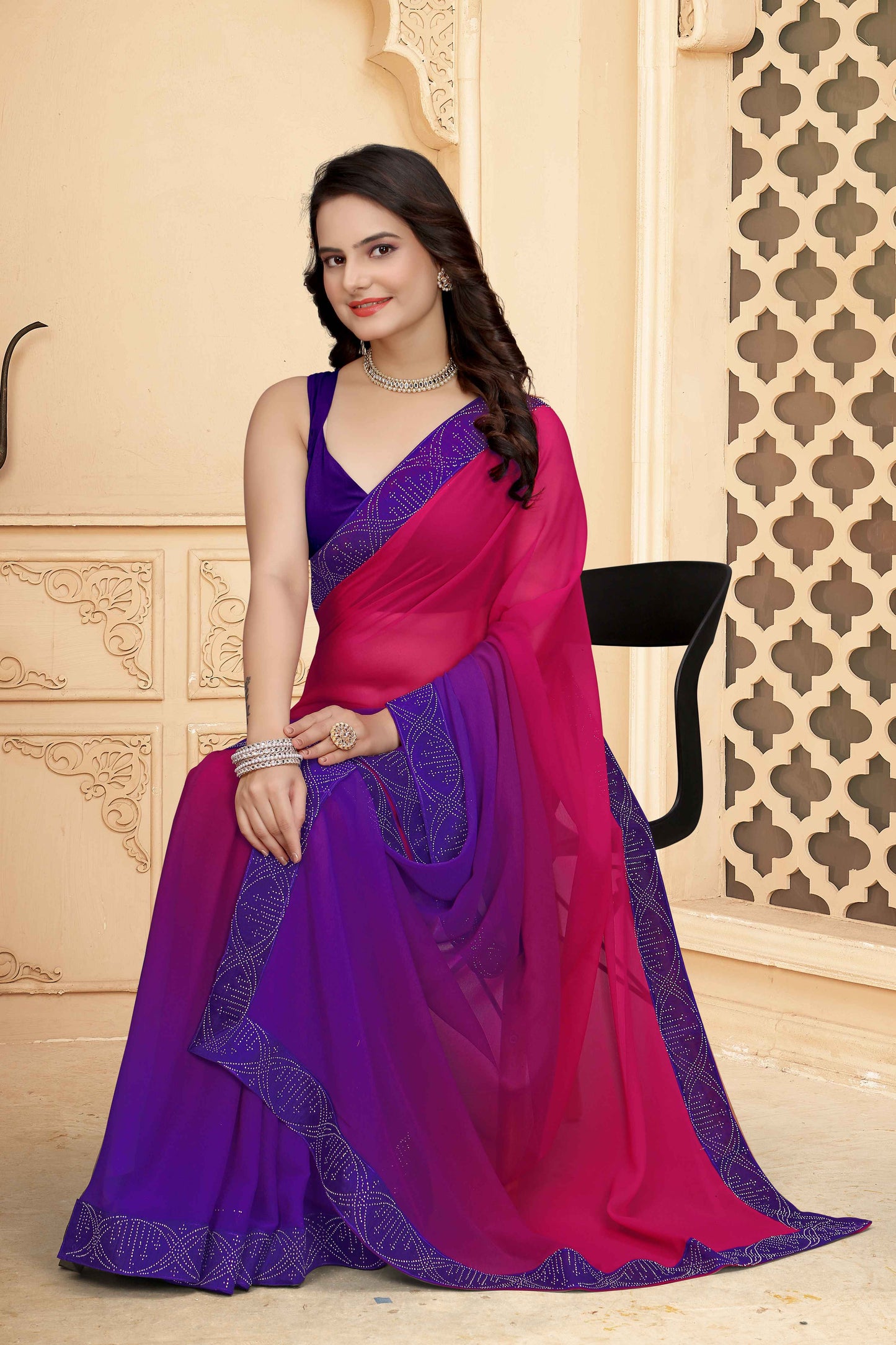 zeekha dimond stone work hot fixing georgette sarees With Unstitched Blouse Piece (magenta)