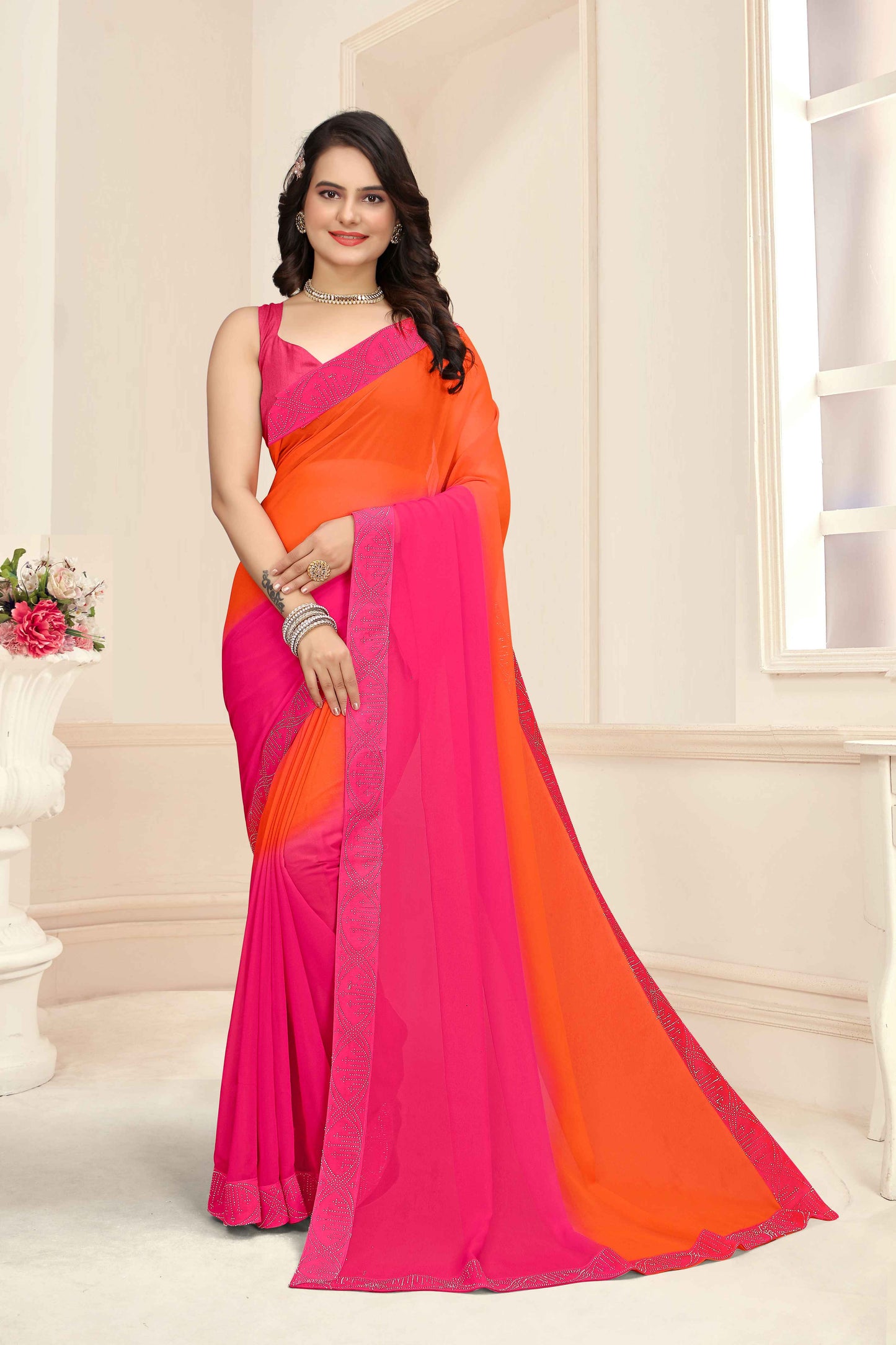 zeekha dimond stone work hot fixing georgette sarees With Unstitched Blouse Piece (orange)