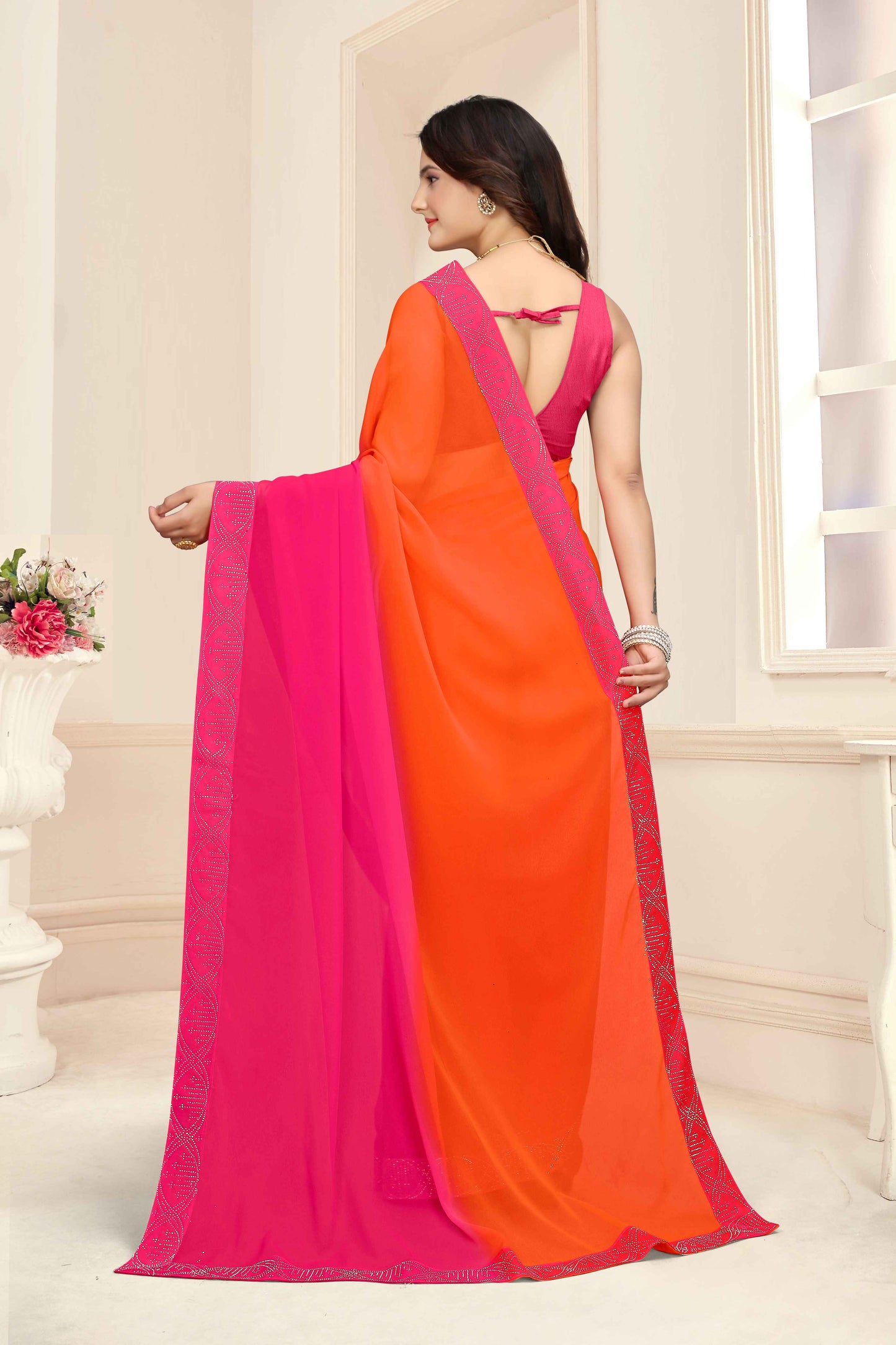 zeekha dimond stone work hot fixing georgette sarees With Unstitched Blouse Piece (orange)