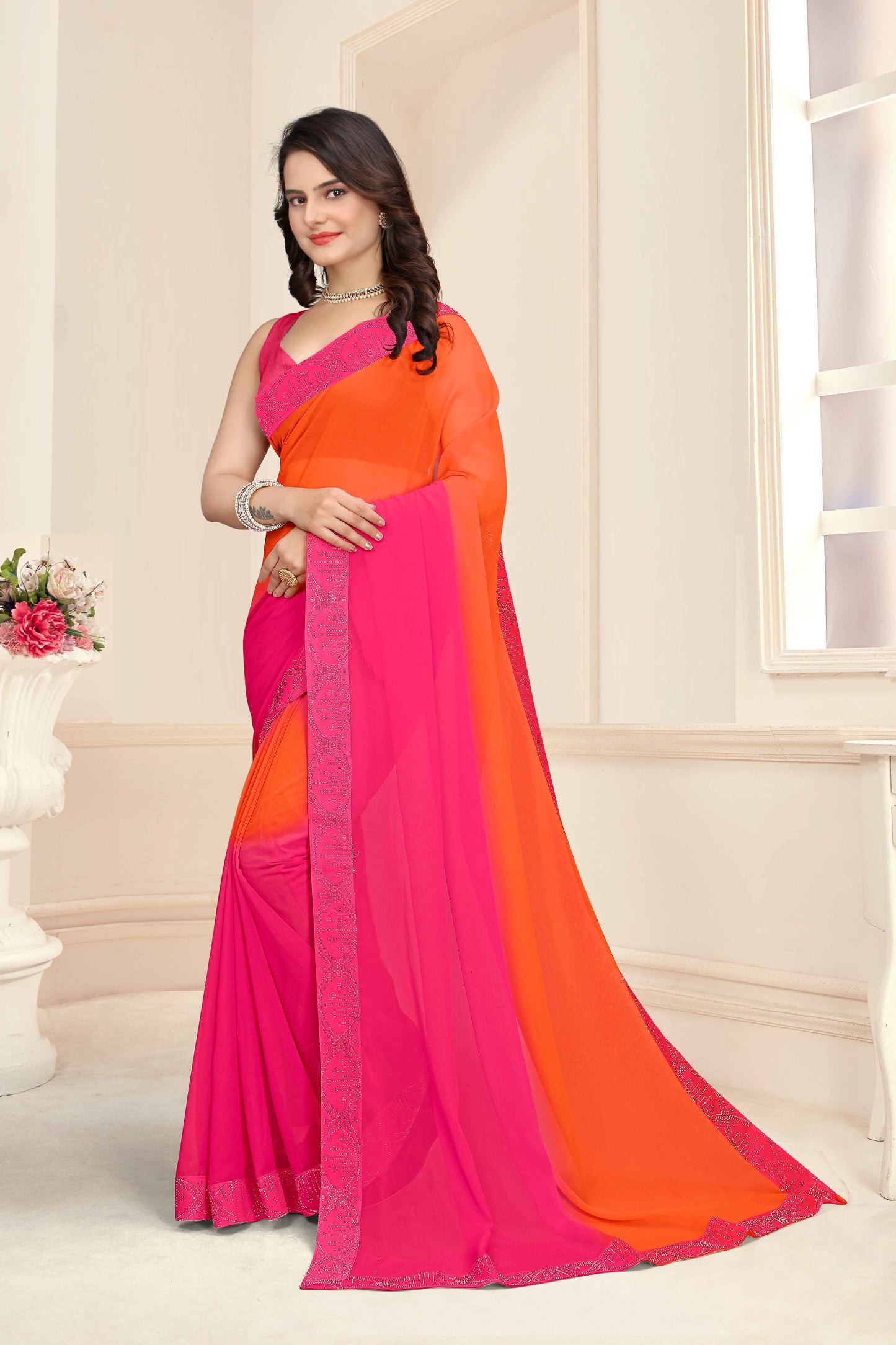 zeekha dimond stone work hot fixing georgette sarees With Unstitched Blouse Piece (orange)