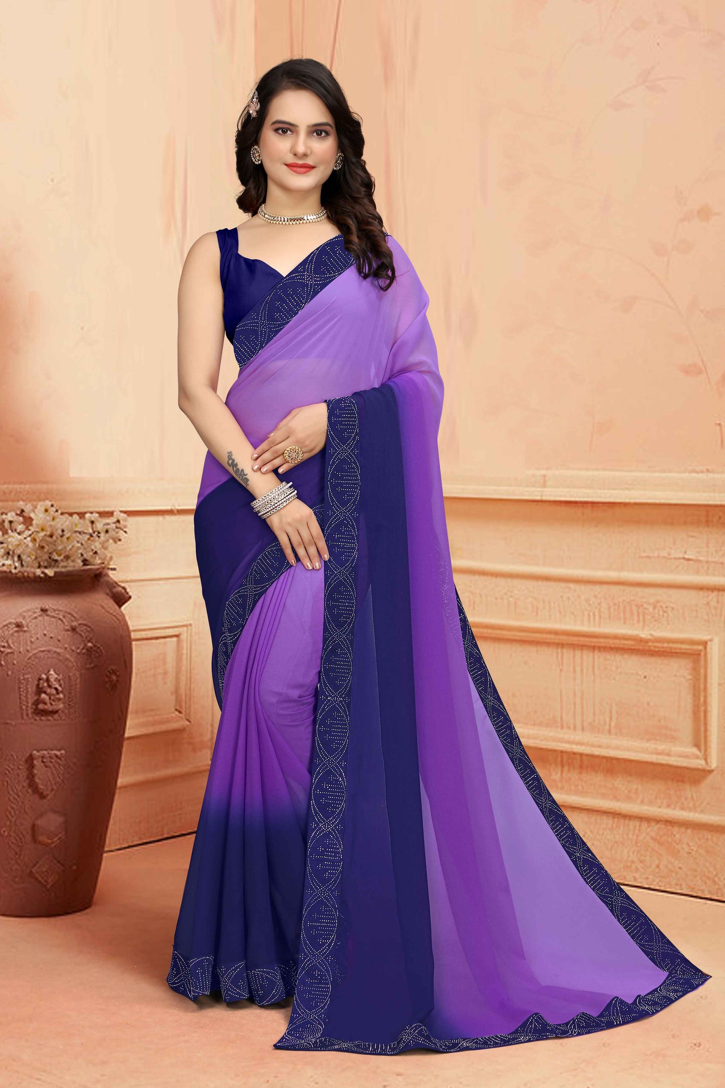 zeekha dimond stone work hot fixing georgette sarees With Unstitched Blouse Piece (blue)