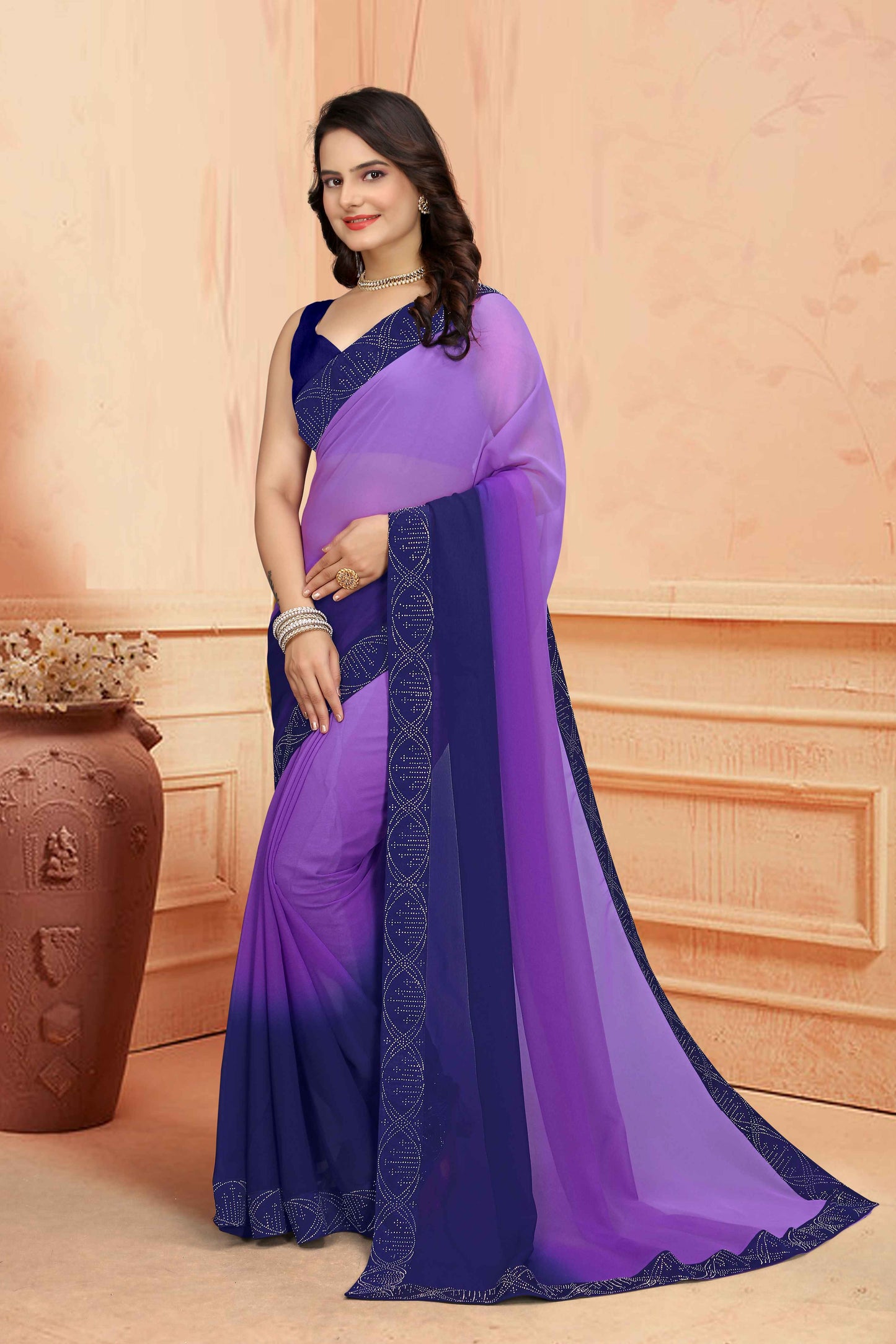 zeekha dimond stone work hot fixing georgette sarees With Unstitched Blouse Piece (blue)