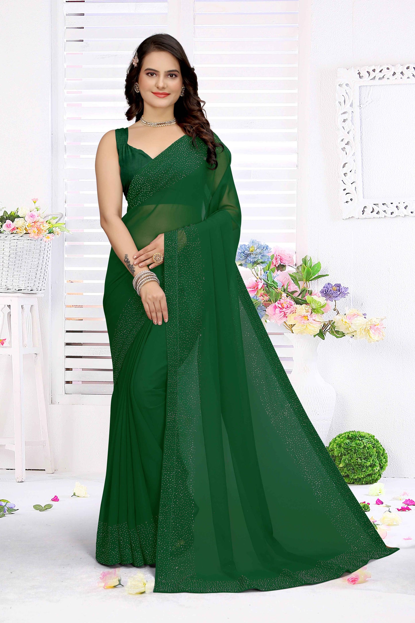 zeekha dimond stone work hot fixing georgette sarees With Unstitched Blouse Piece (green)