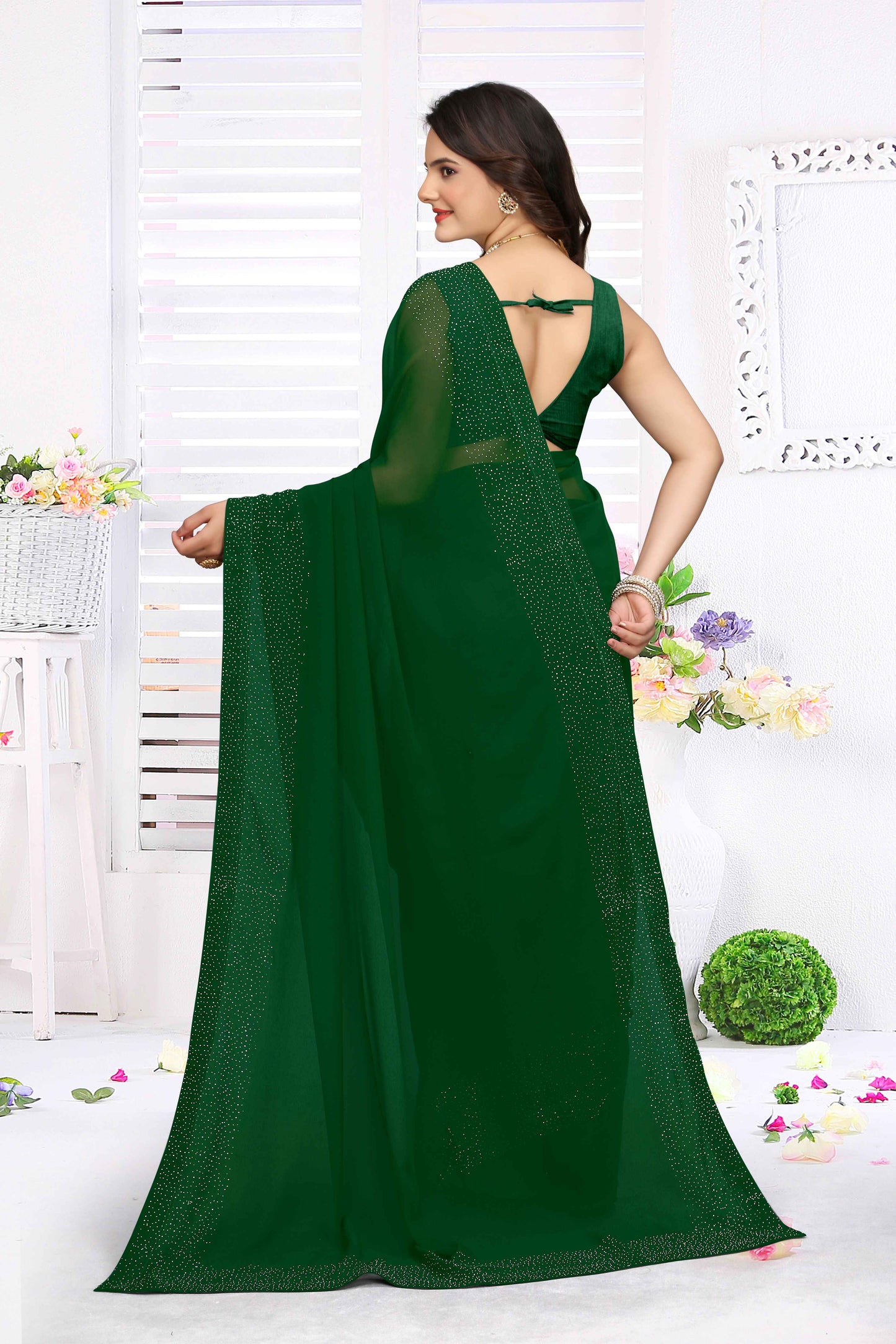 zeekha dimond stone work hot fixing georgette sarees With Unstitched Blouse Piece (green)