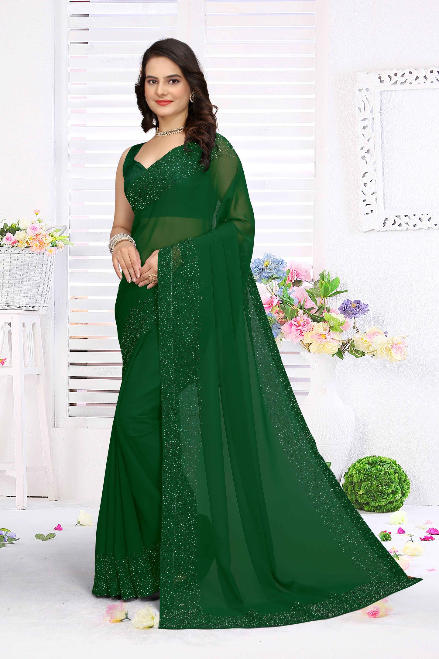 zeekha dimond stone work hot fixing georgette sarees With Unstitched Blouse Piece (green)