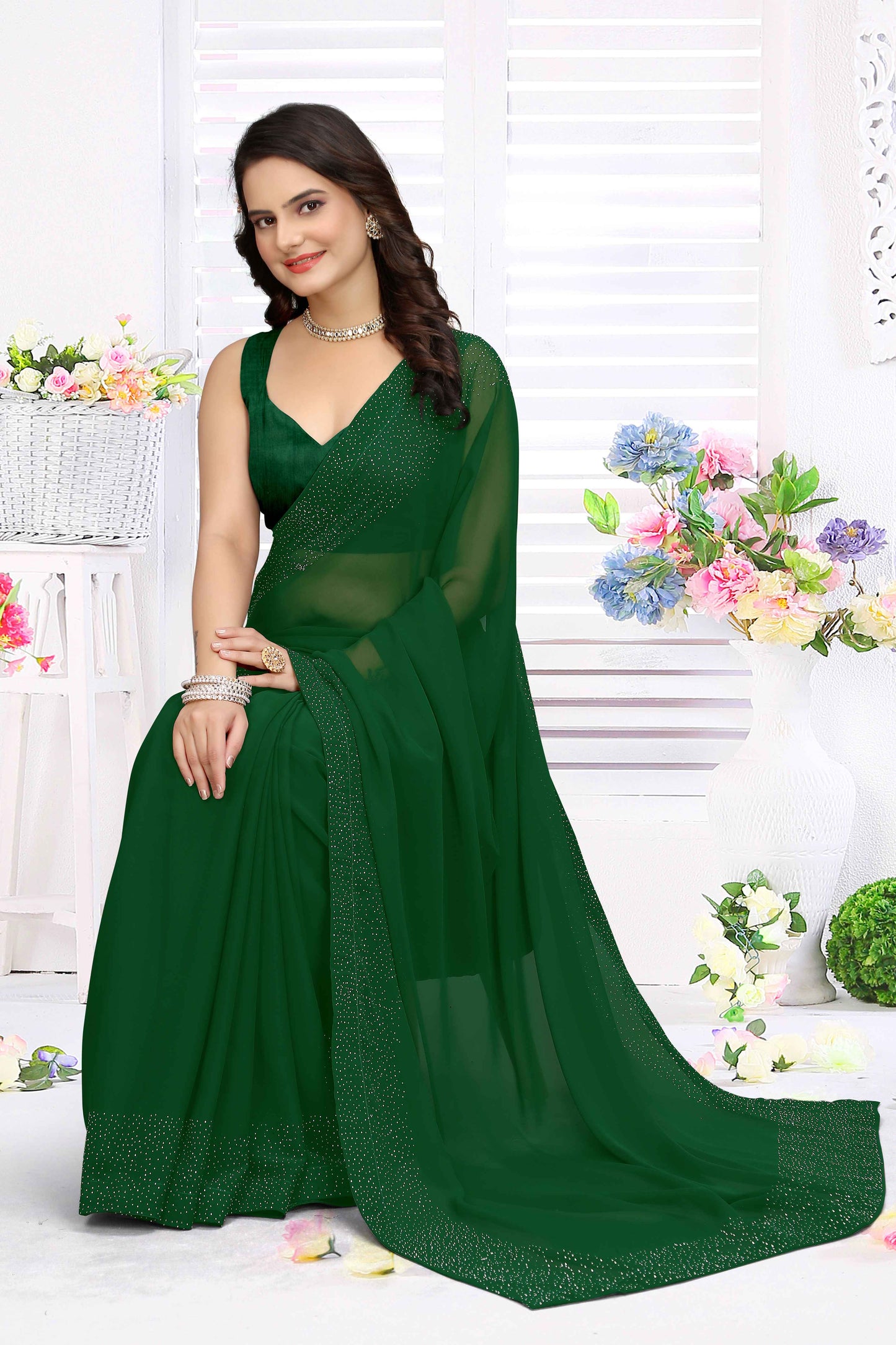 zeekha dimond stone work hot fixing georgette sarees With Unstitched Blouse Piece (green)