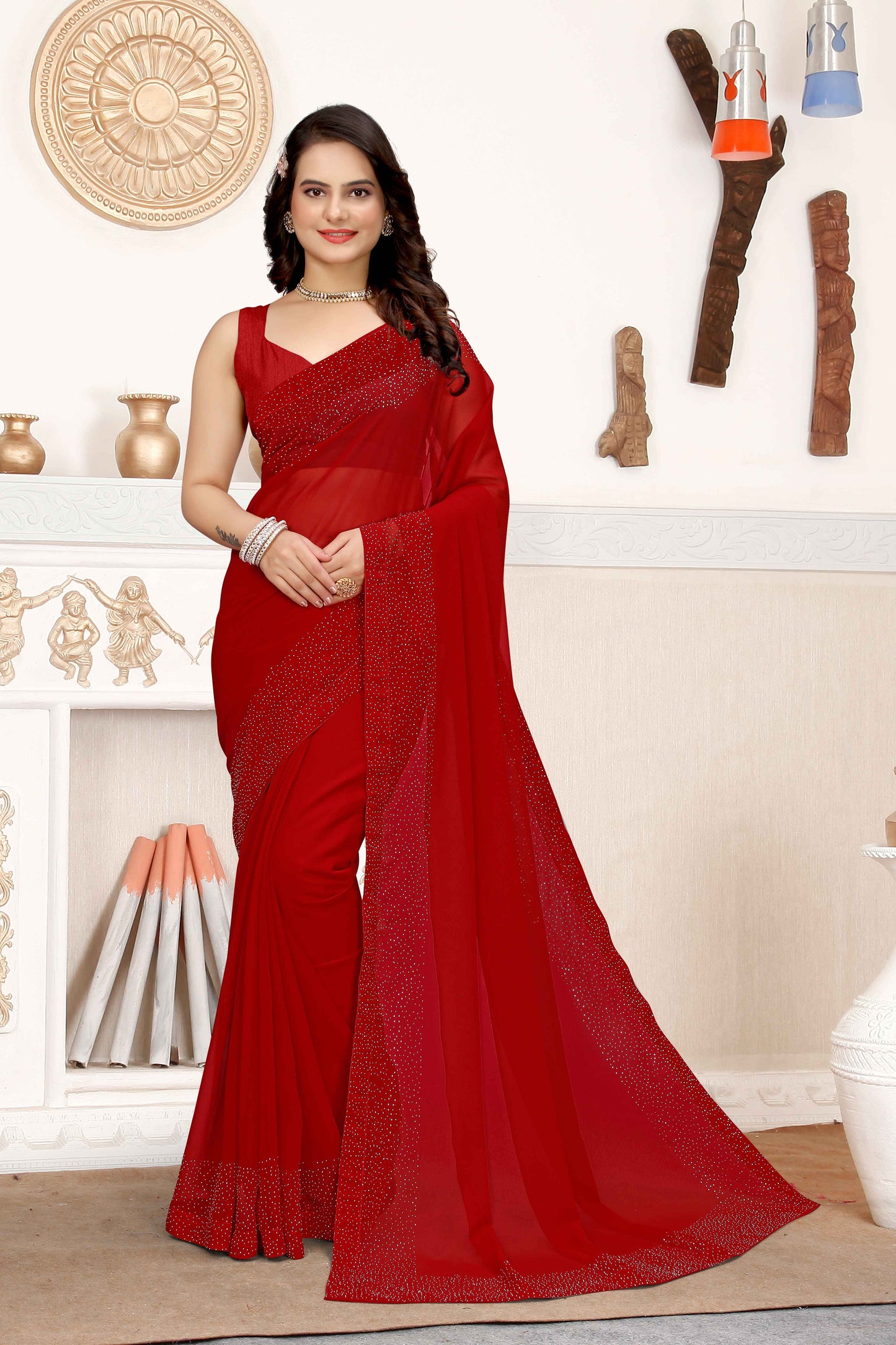 zeekha dimond stone work hot fixing georgette sarees With Unstitched Blouse Piece (red)