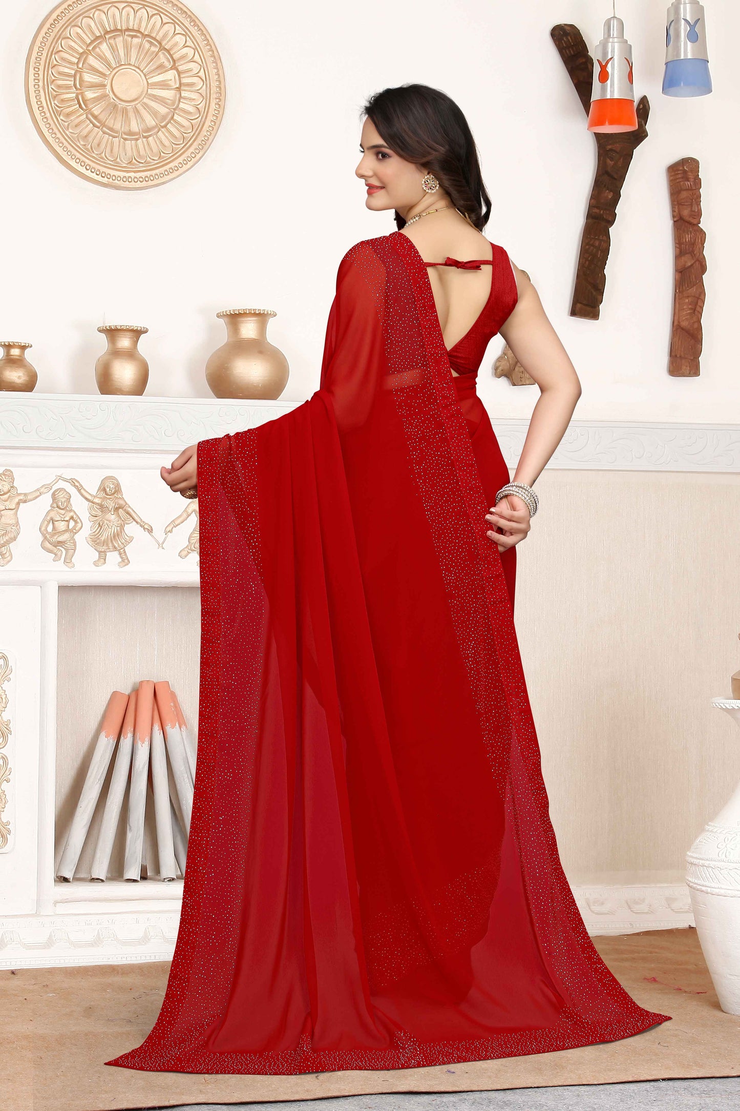 zeekha dimond stone work hot fixing georgette sarees With Unstitched Blouse Piece (red)