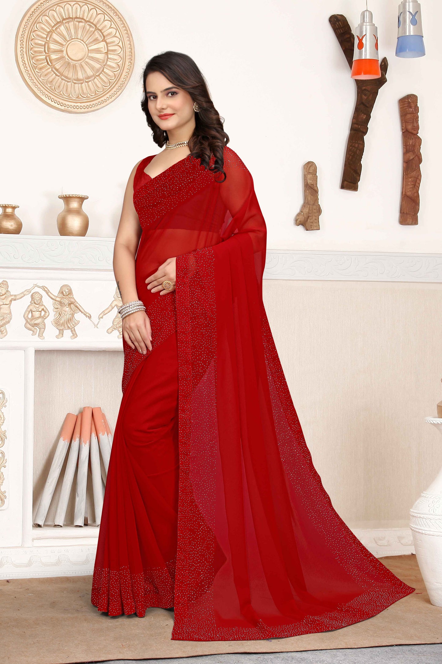 zeekha dimond stone work hot fixing georgette sarees With Unstitched Blouse Piece (red)