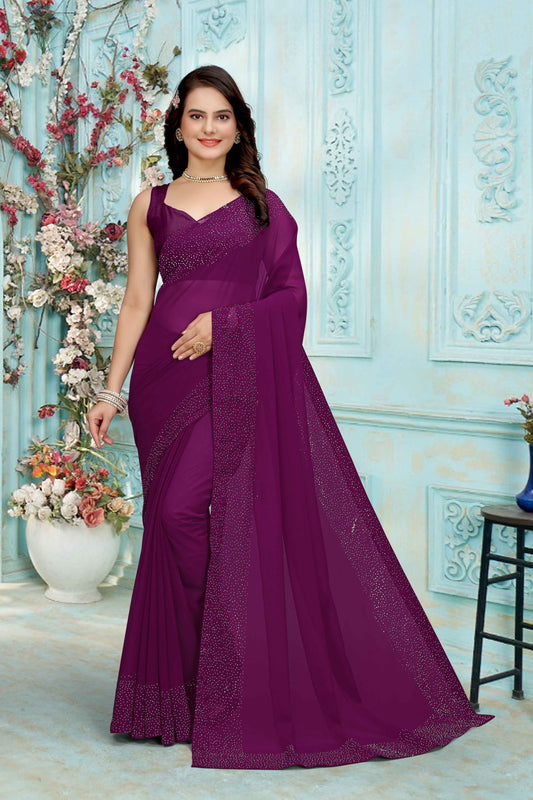 zeekha dimond stone work hot fixing georgette sarees With Unstitched Blouse Piece (wine)