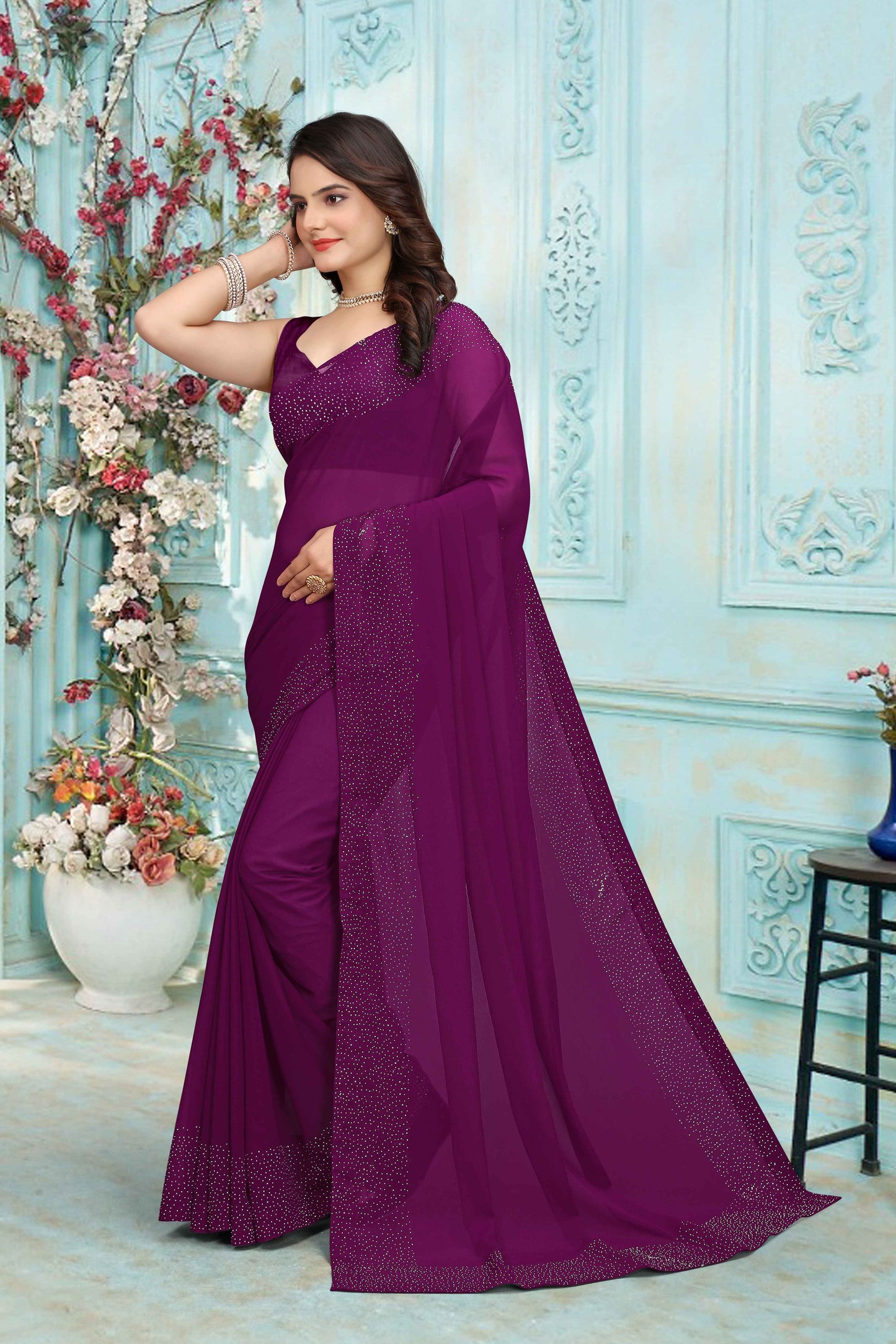 zeekha dimond stone work hot fixing georgette sarees With Unstitched Blouse Piece (wine)