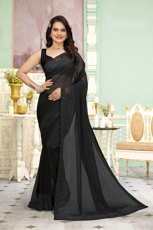 zeekha dimond stone work hot fixing georgette sarees With Unstitched Blouse Piece (black)