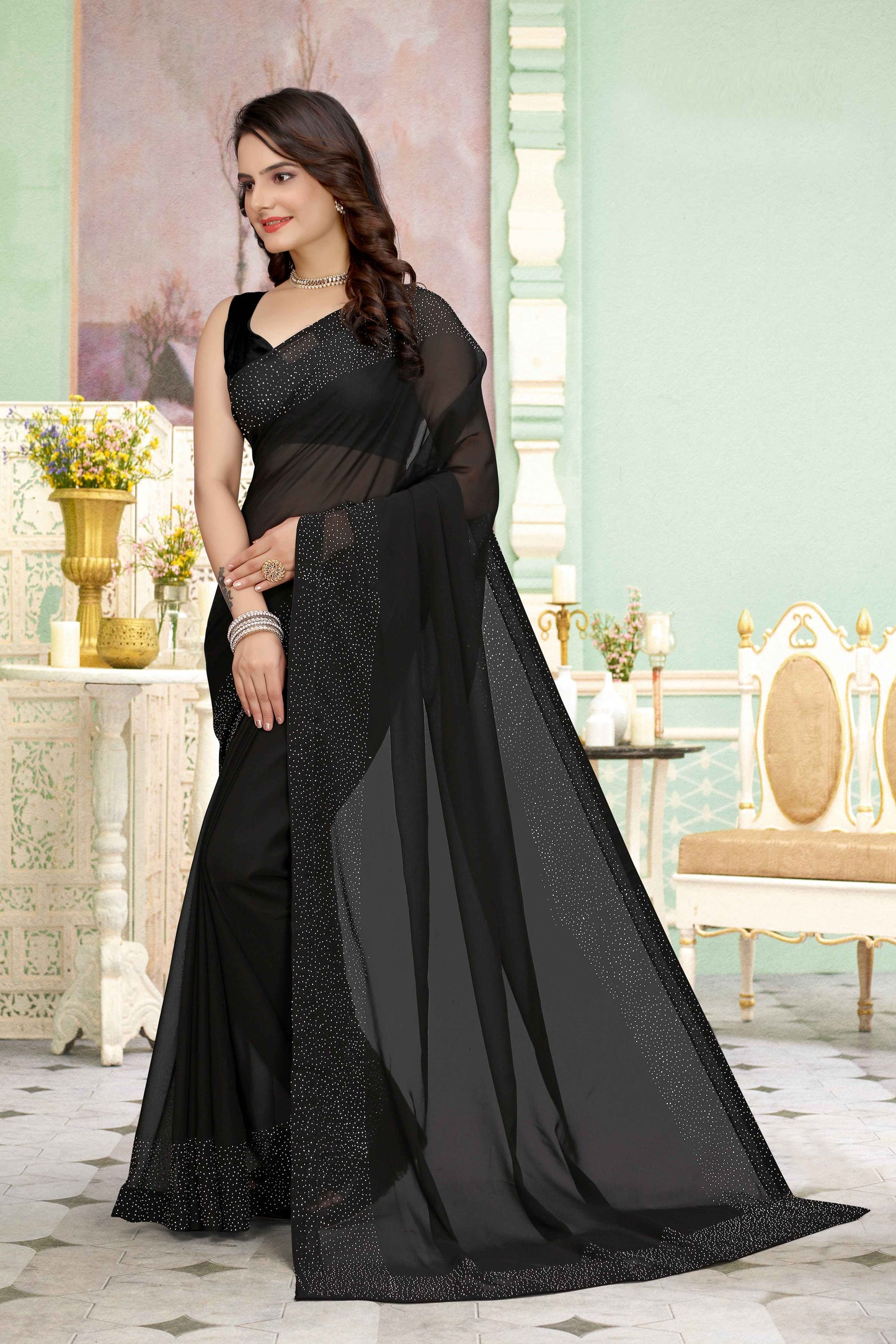 zeekha dimond stone work hot fixing georgette sarees With Unstitched Blouse Piece (black)