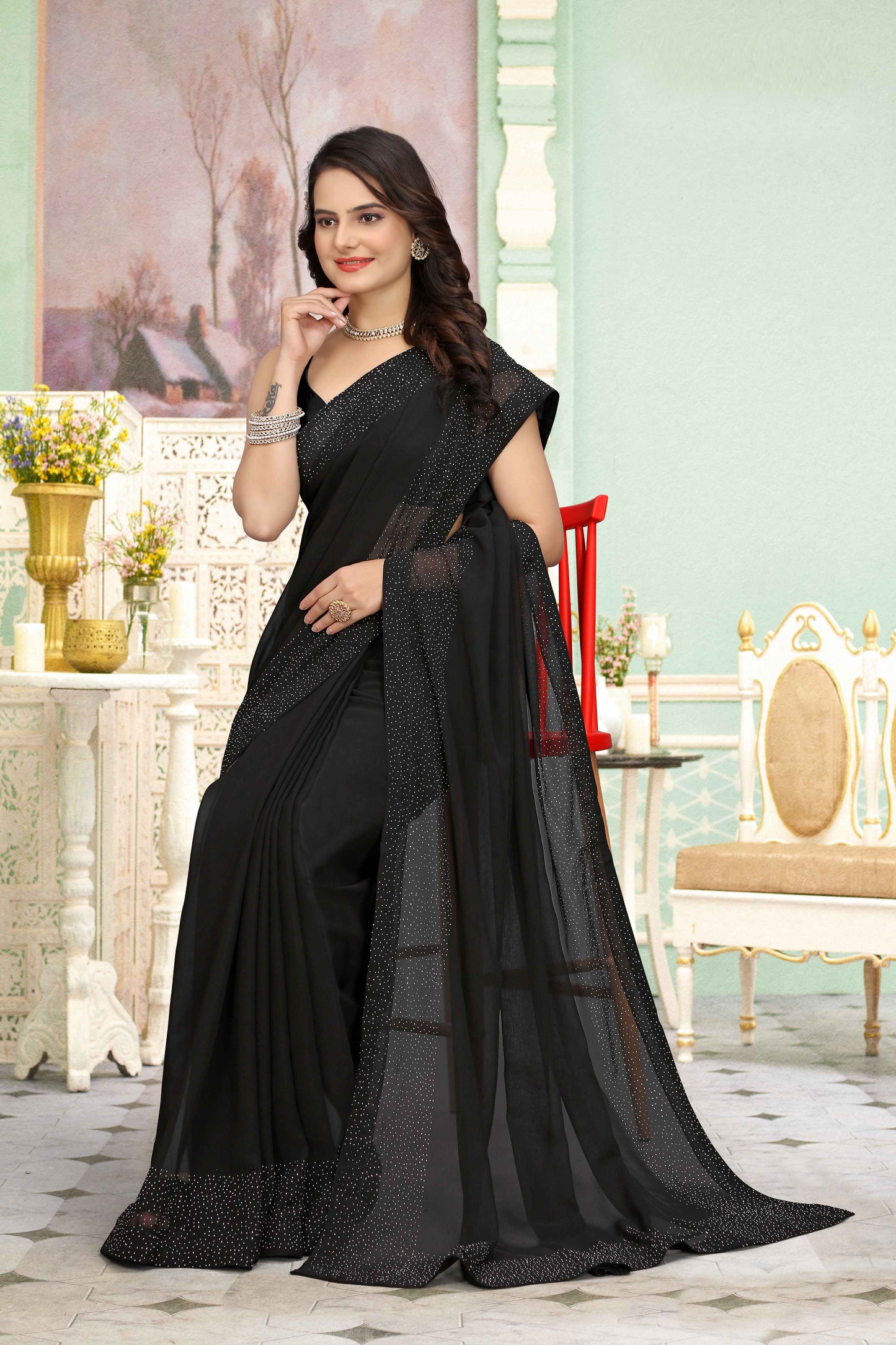 zeekha dimond stone work hot fixing georgette sarees With Unstitched Blouse Piece (black)