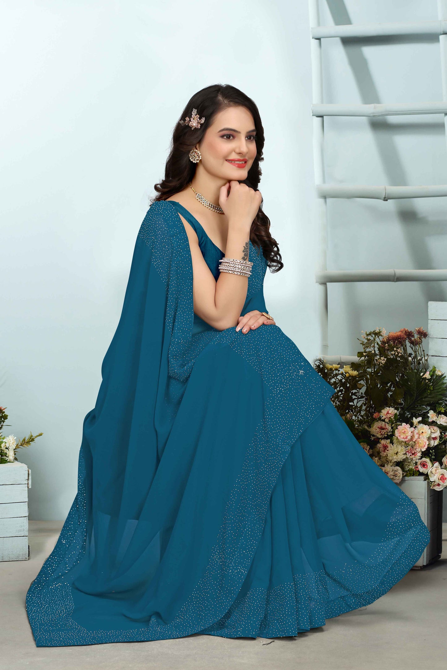 zeekha dimond stone work hot fixing georgette sarees With Unstitched Blouse Piece (blue)