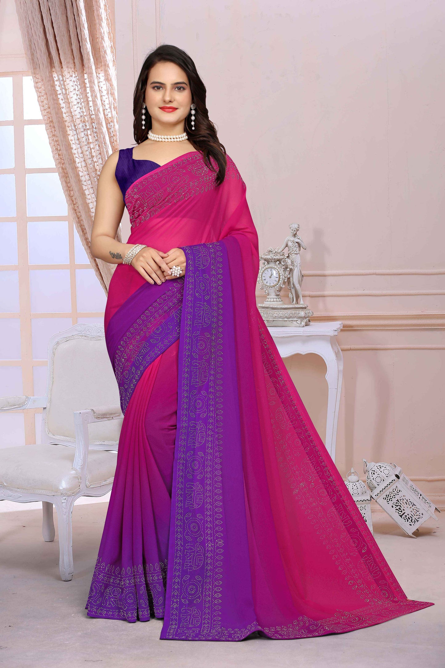 zeekha dimond stone work hot fixing georgette sarees With Unstitched Blouse Piece (magenta)