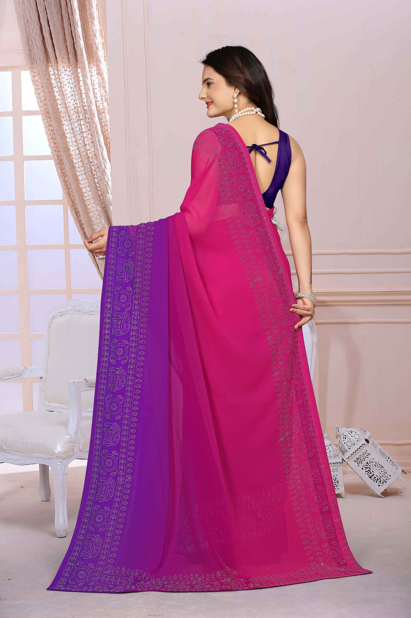 zeekha dimond stone work hot fixing georgette sarees With Unstitched Blouse Piece (magenta)