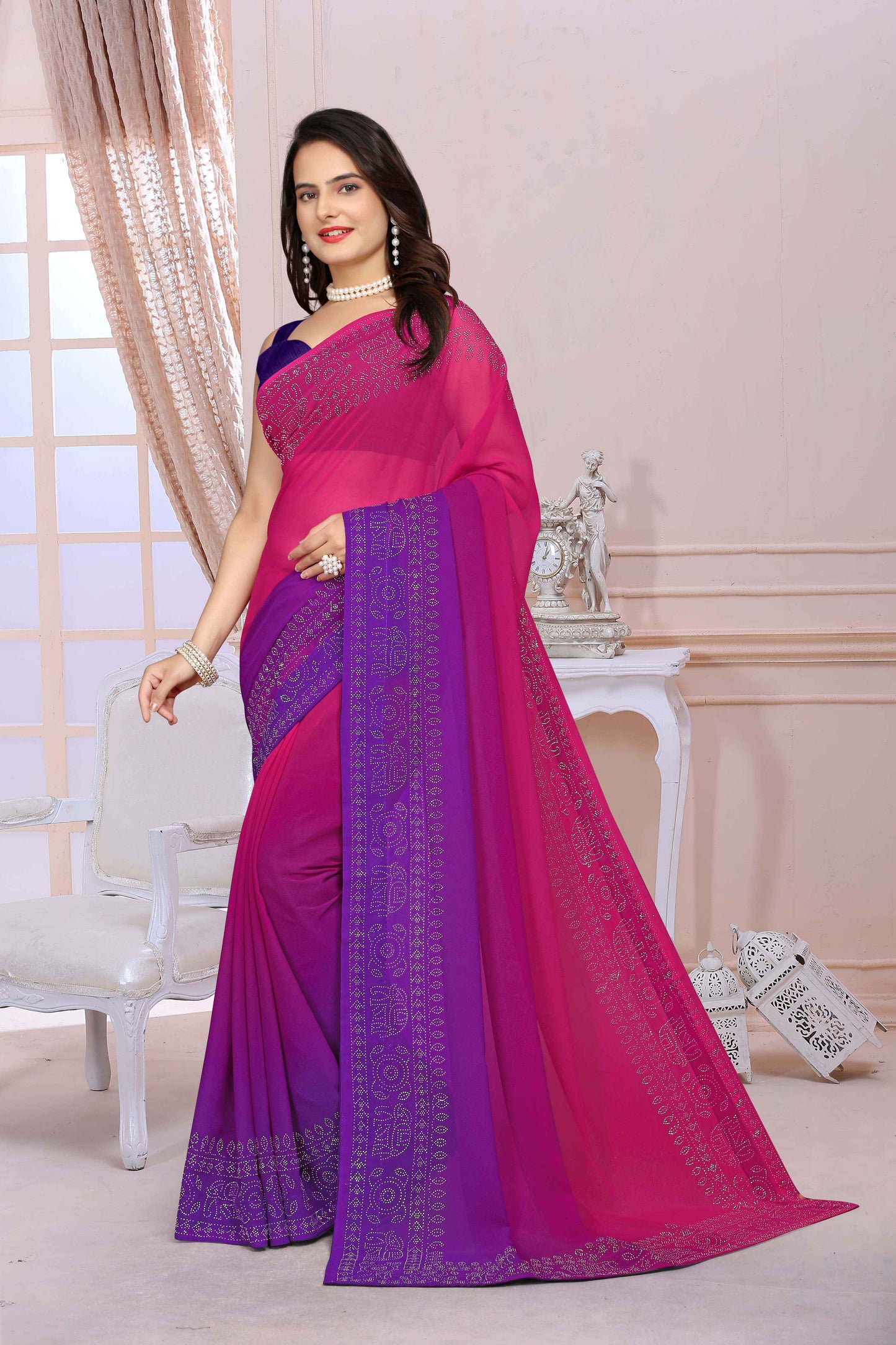 zeekha dimond stone work hot fixing georgette sarees With Unstitched Blouse Piece (magenta)