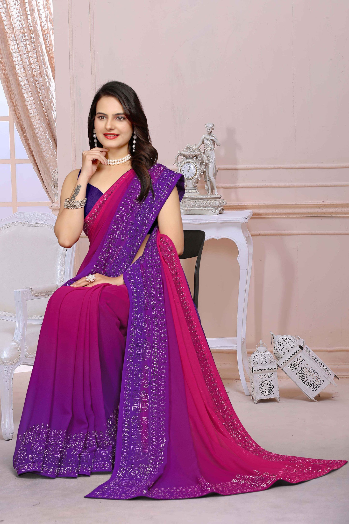 zeekha dimond stone work hot fixing georgette sarees With Unstitched Blouse Piece (magenta)