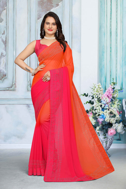 zeekha dimond stone work hot fixing georgette sarees With Unstitched Blouse Piece (orange)