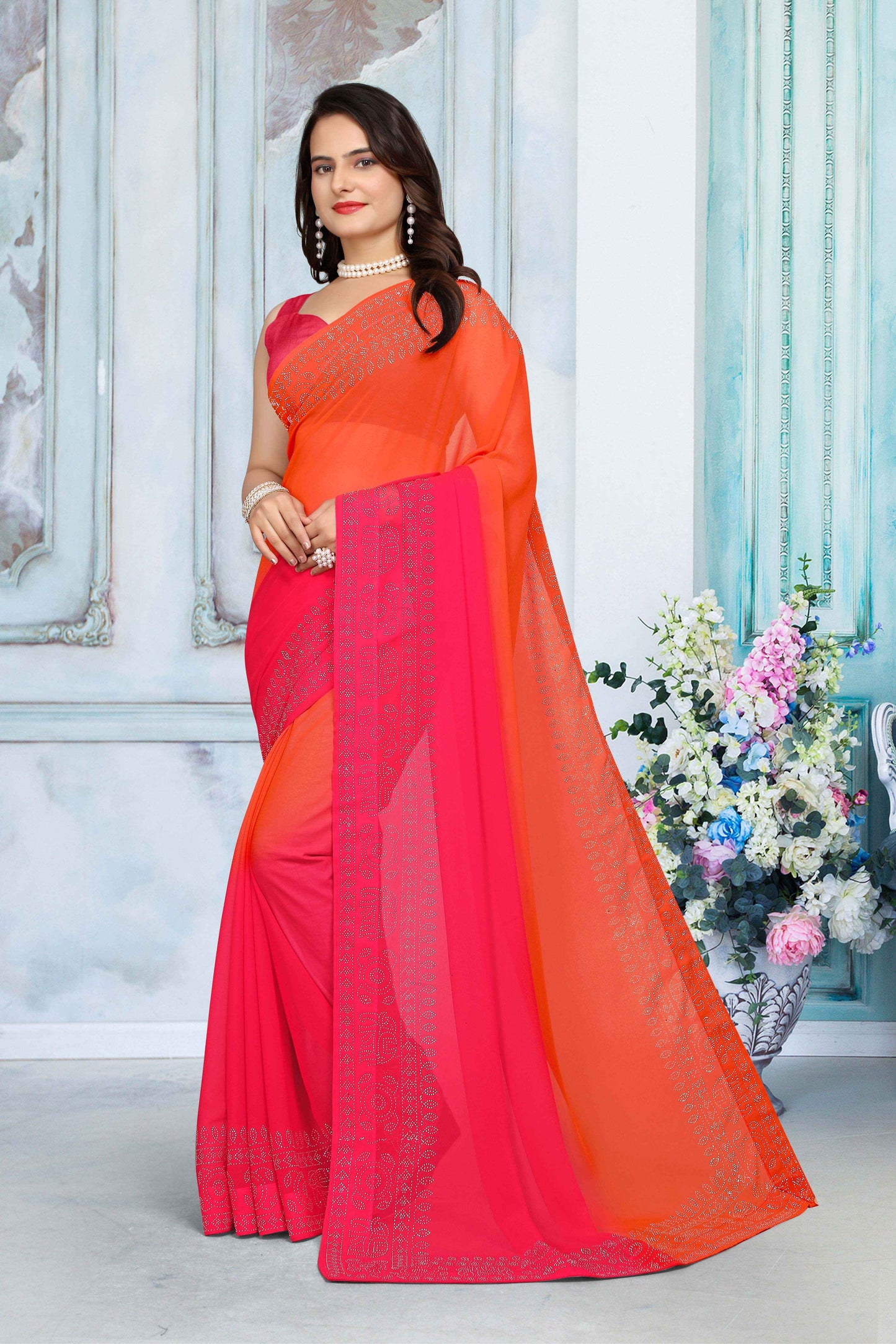 zeekha dimond stone work hot fixing georgette sarees With Unstitched Blouse Piece (orange)