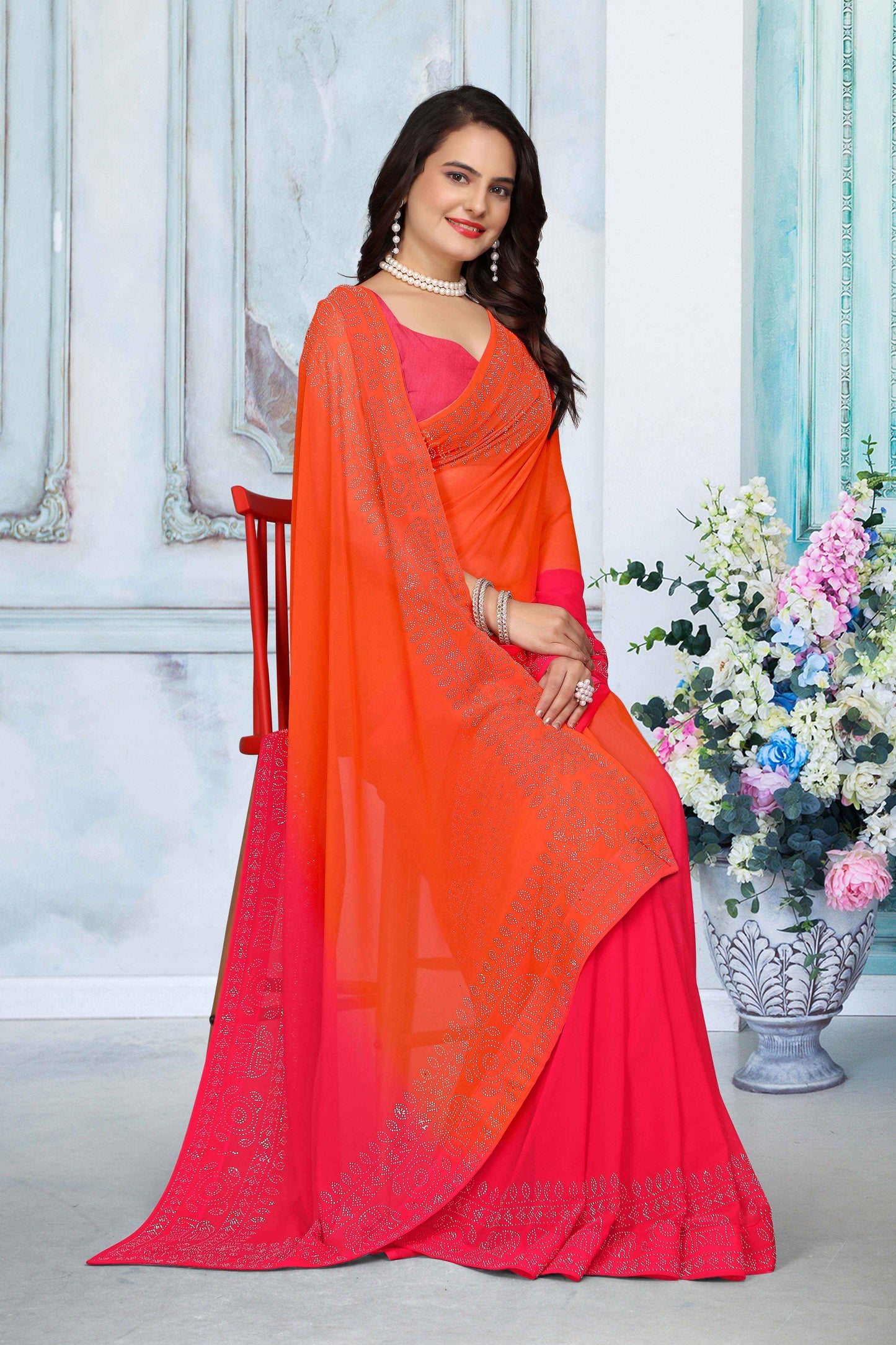 zeekha dimond stone work hot fixing georgette sarees With Unstitched Blouse Piece (orange)