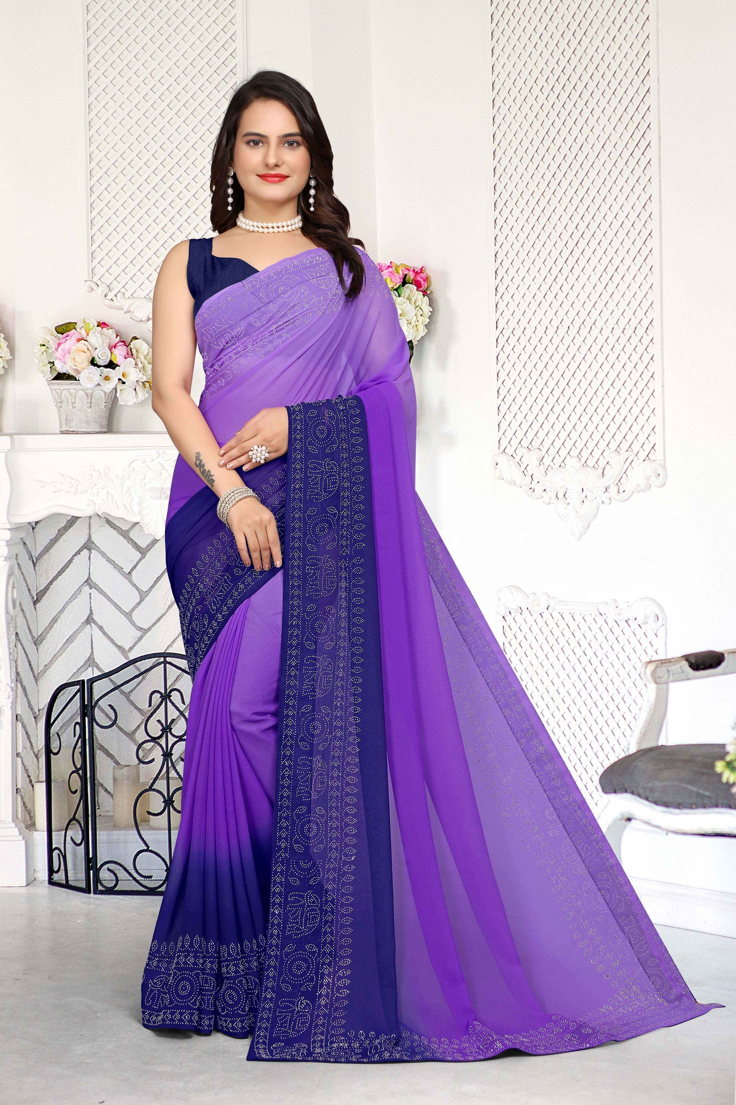 zeekha dimond stone work hot fixing georgette sarees With Unstitched Blouse Piece (blue)