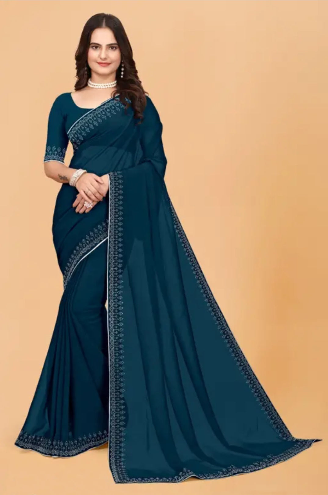 zeekha dimond stone work hot fixing georgette sarees With Unstitched Blouse Piece (blue)