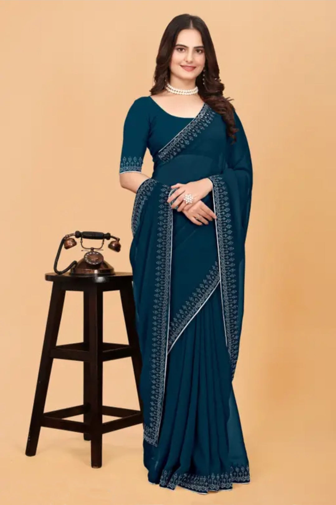 zeekha dimond stone work hot fixing georgette sarees With Unstitched Blouse Piece (blue)