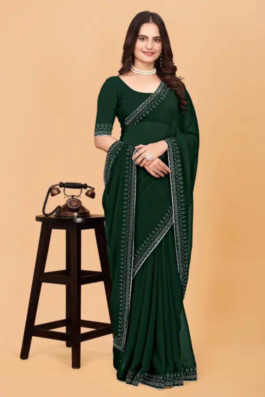 zeekha dimond stone work hot fixing georgette sarees With Unstitched Blouse Piece (green)