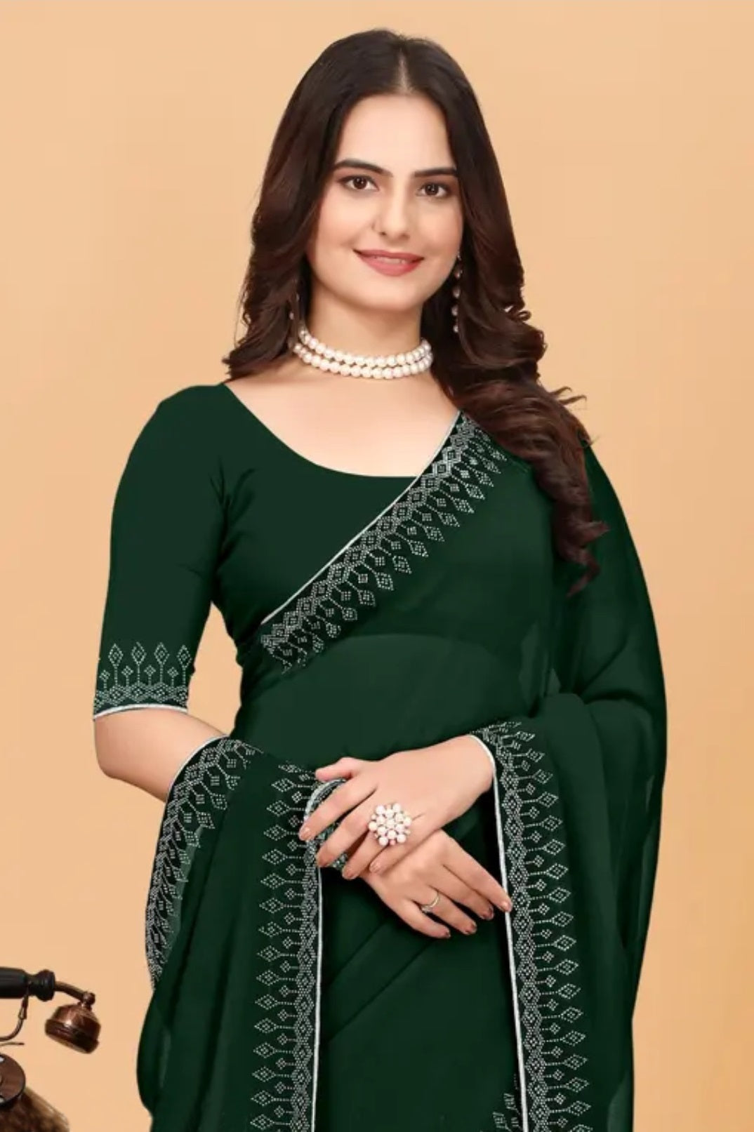 zeekha dimond stone work hot fixing georgette sarees With Unstitched Blouse Piece (green)