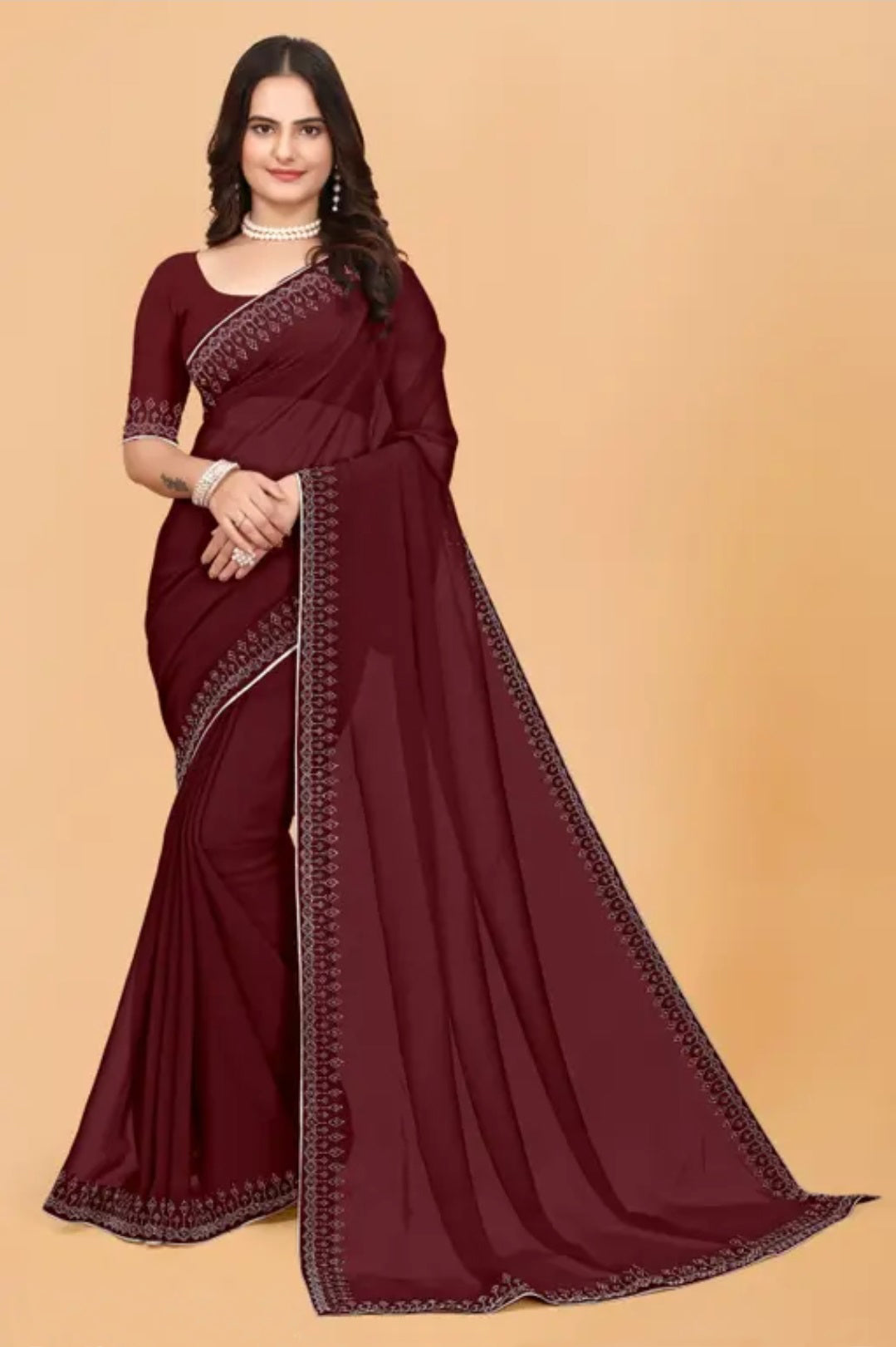 zeekha dimond stone work hot fixing georgette sarees With Unstitched Blouse Piece (maroon)