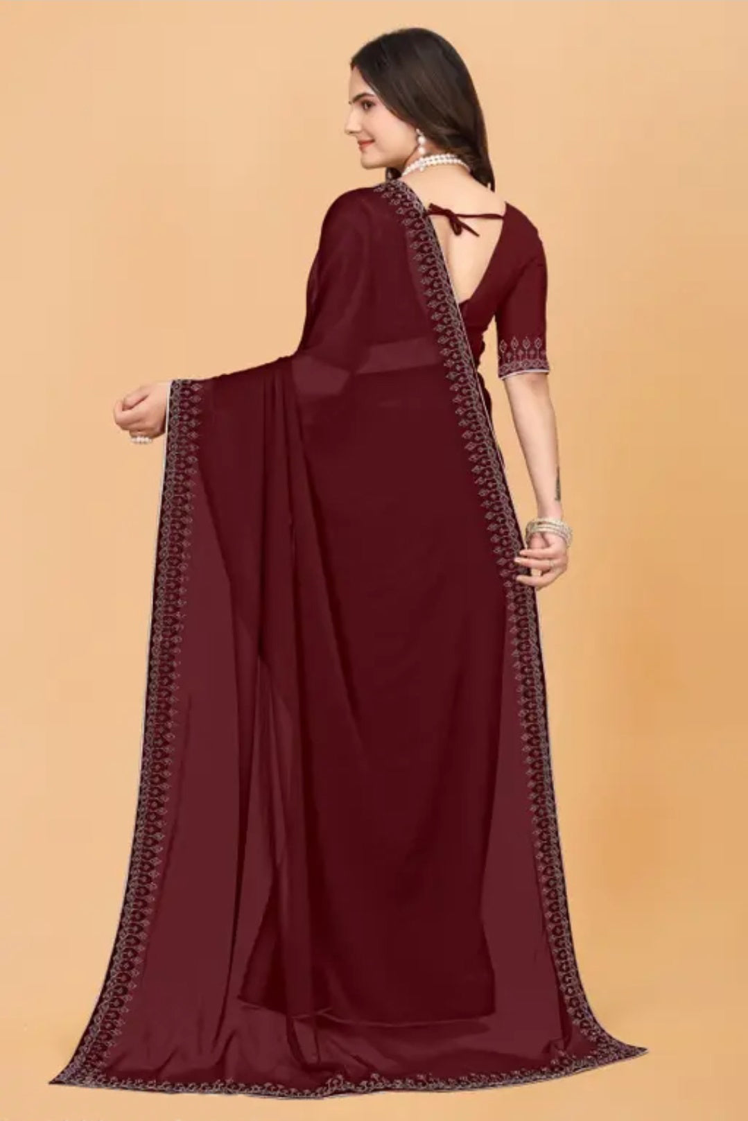 zeekha dimond stone work hot fixing georgette sarees With Unstitched Blouse Piece (maroon)