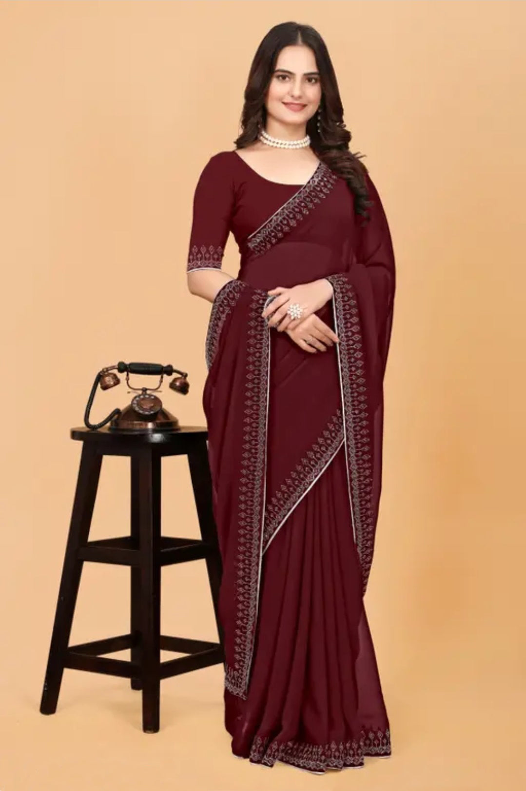 zeekha dimond stone work hot fixing georgette sarees With Unstitched Blouse Piece (maroon)