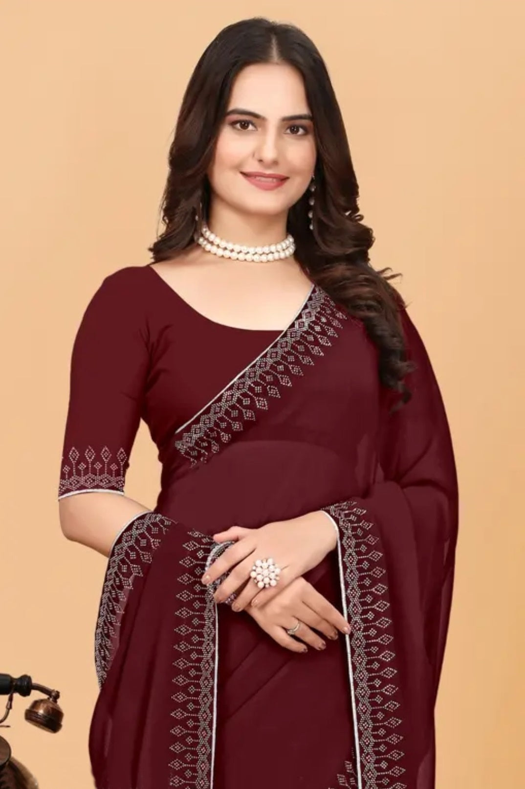 zeekha dimond stone work hot fixing georgette sarees With Unstitched Blouse Piece (maroon)