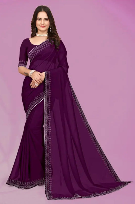 zeekha dimond stone work hot fixing georgette sarees With Unstitched Blouse Piece (wine)