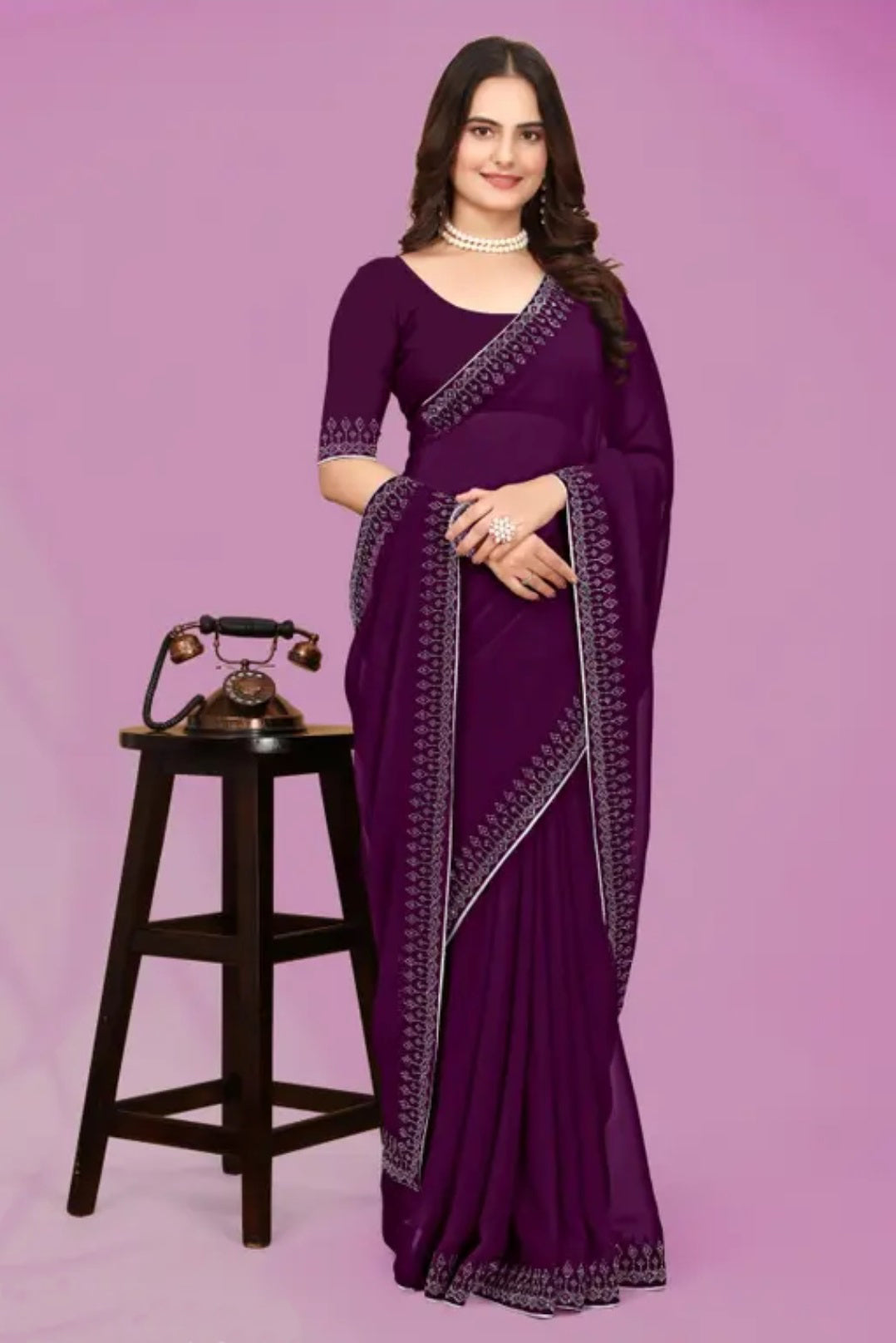 zeekha dimond stone work hot fixing georgette sarees With Unstitched Blouse Piece (wine)