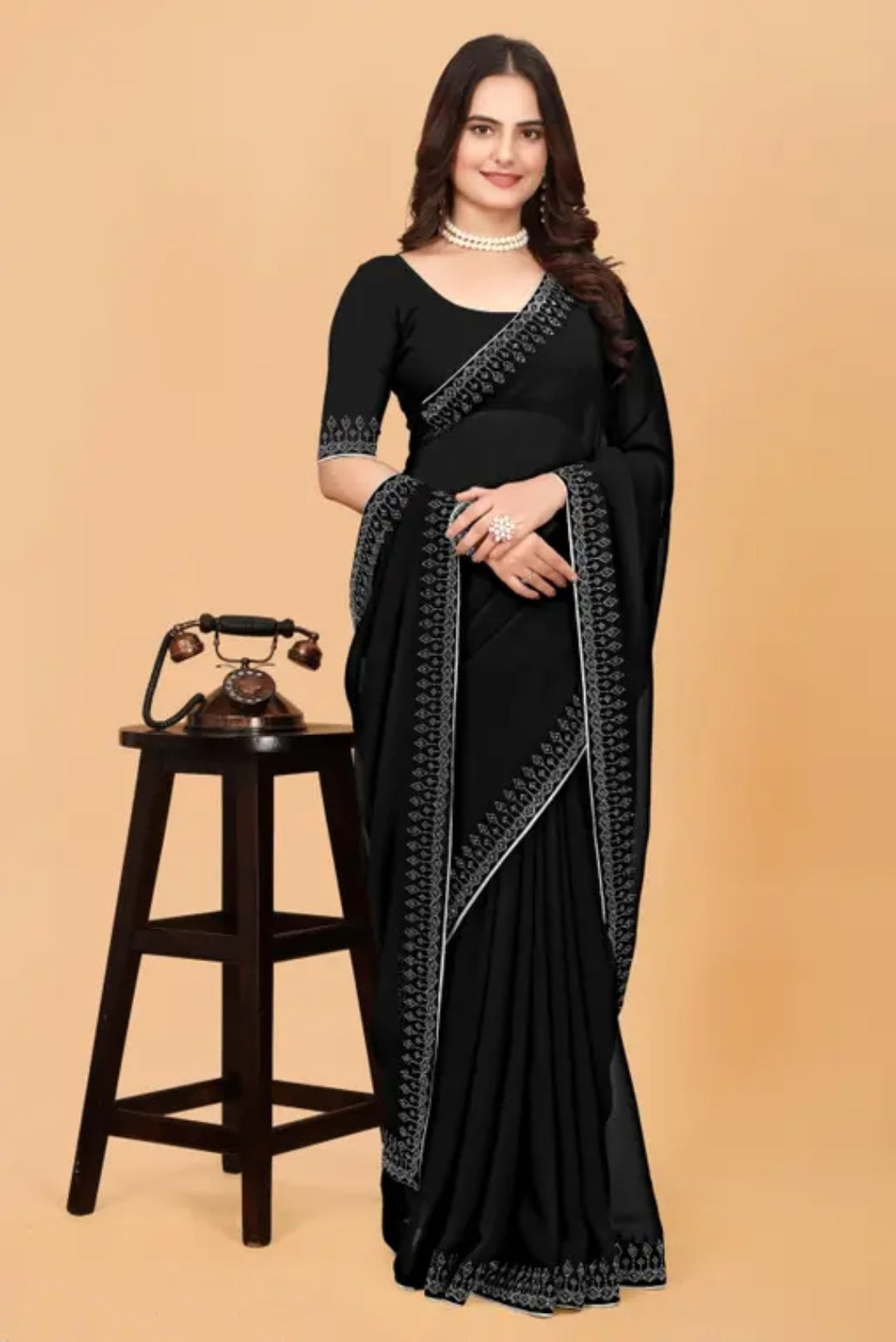 zeekha dimond stone work hot fixing georgette sarees With Unstitched Blouse Piece (black)