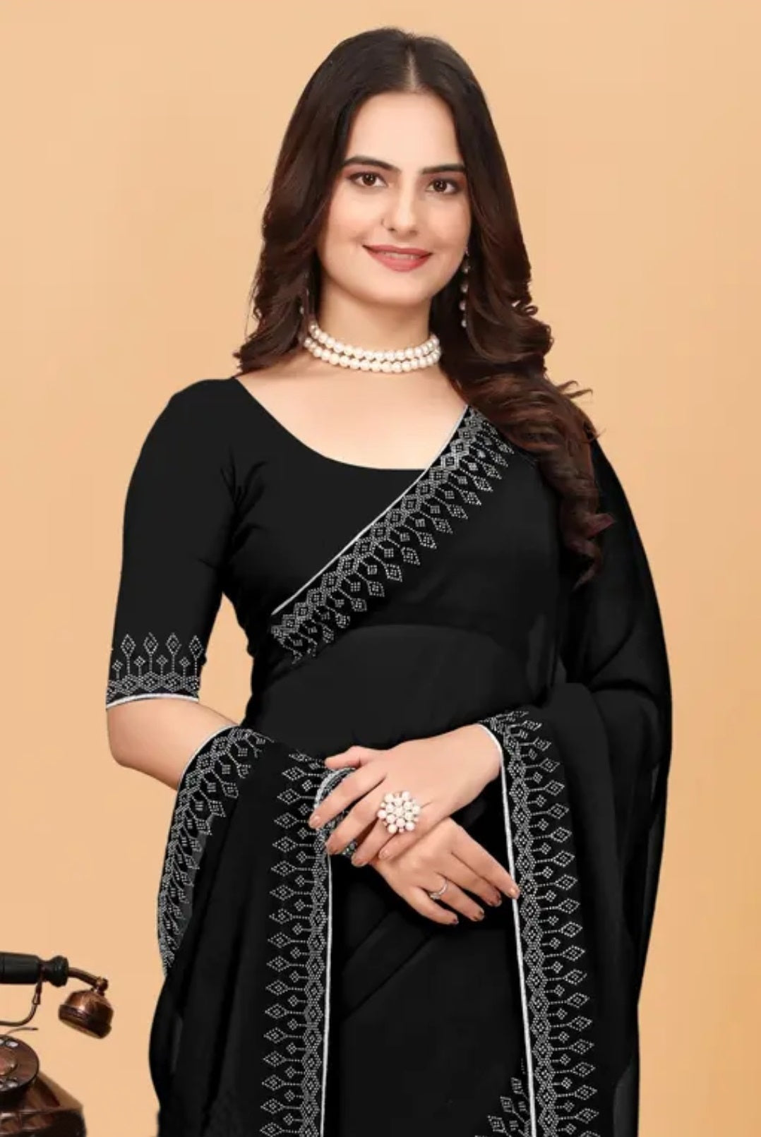 zeekha dimond stone work hot fixing georgette sarees With Unstitched Blouse Piece (black)