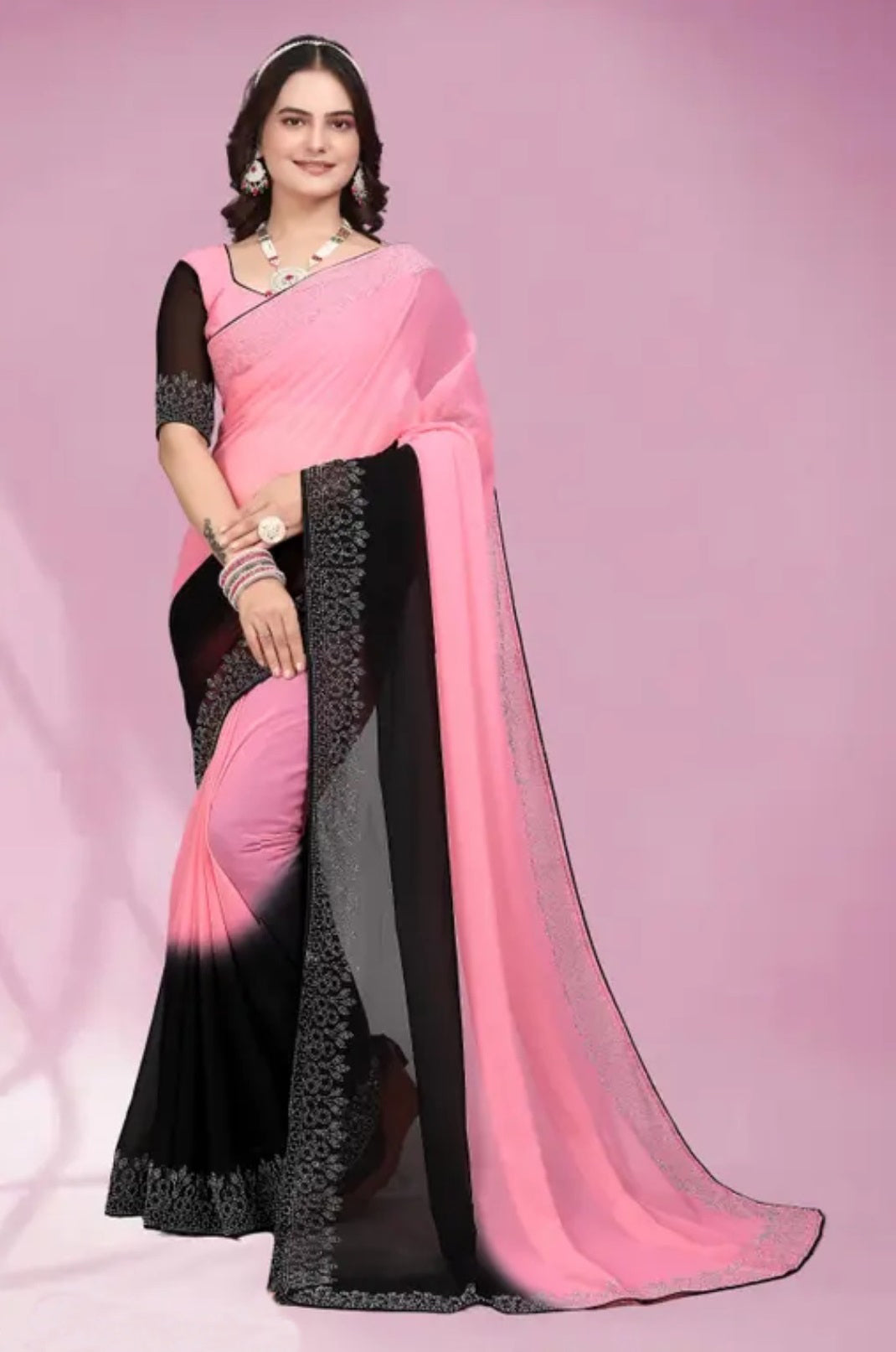 zeekha dimond stone work hot fixing georgette sarees With Unstitched Blouse Piece (pink-black)