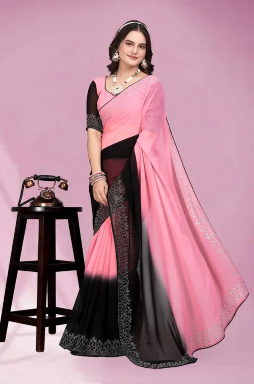 zeekha dimond stone work hot fixing georgette sarees With Unstitched Blouse Piece (pink-black)