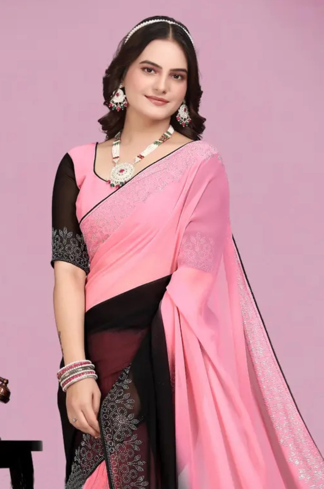 zeekha dimond stone work hot fixing georgette sarees With Unstitched Blouse Piece (pink-black)