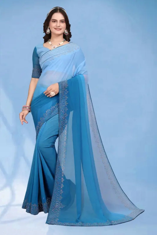 zeekha dimond stone work hot fixing georgette sarees With Unstitched Blouse Piece (blue-sky blue)