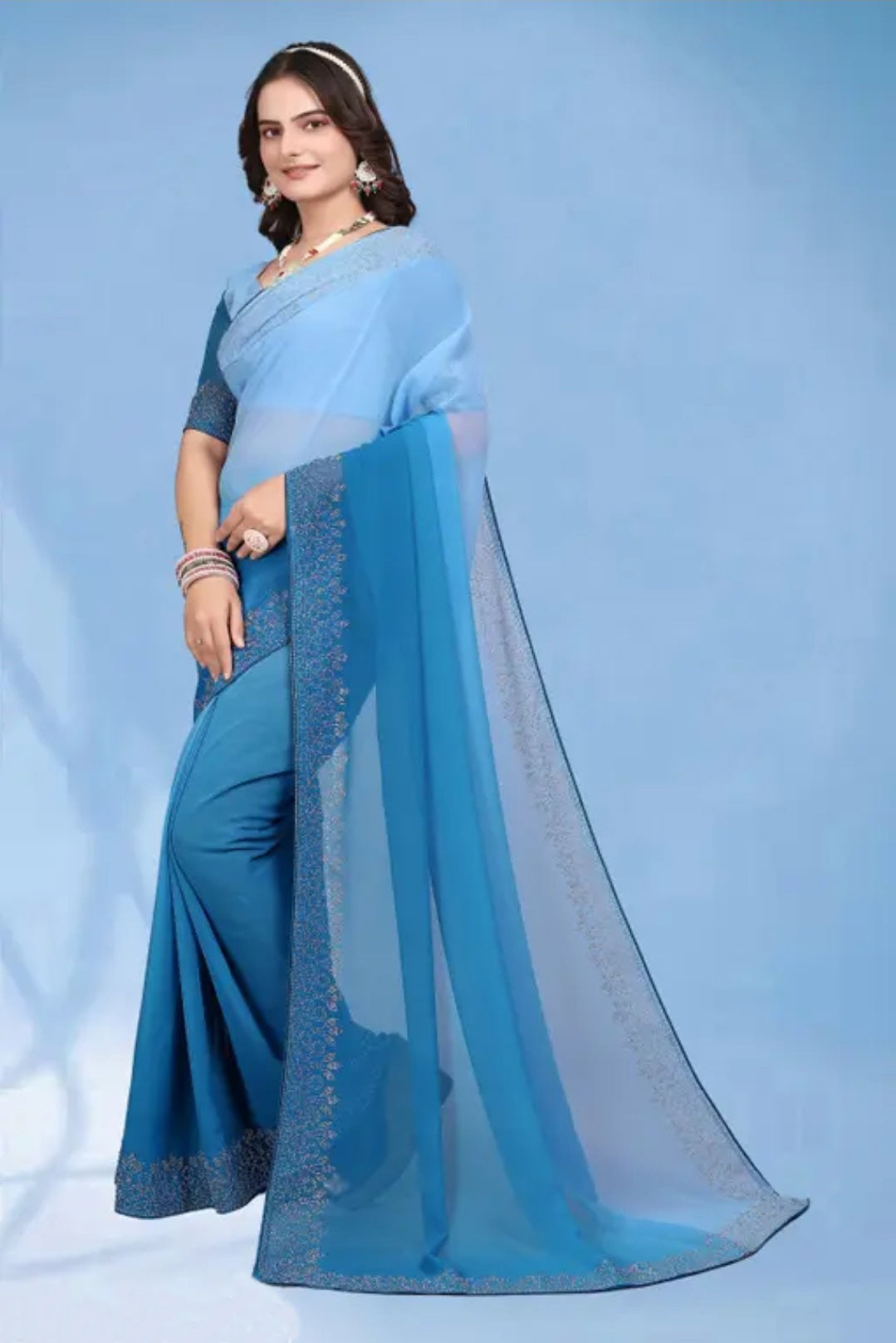 zeekha dimond stone work hot fixing georgette sarees With Unstitched Blouse Piece (blue-sky blue)