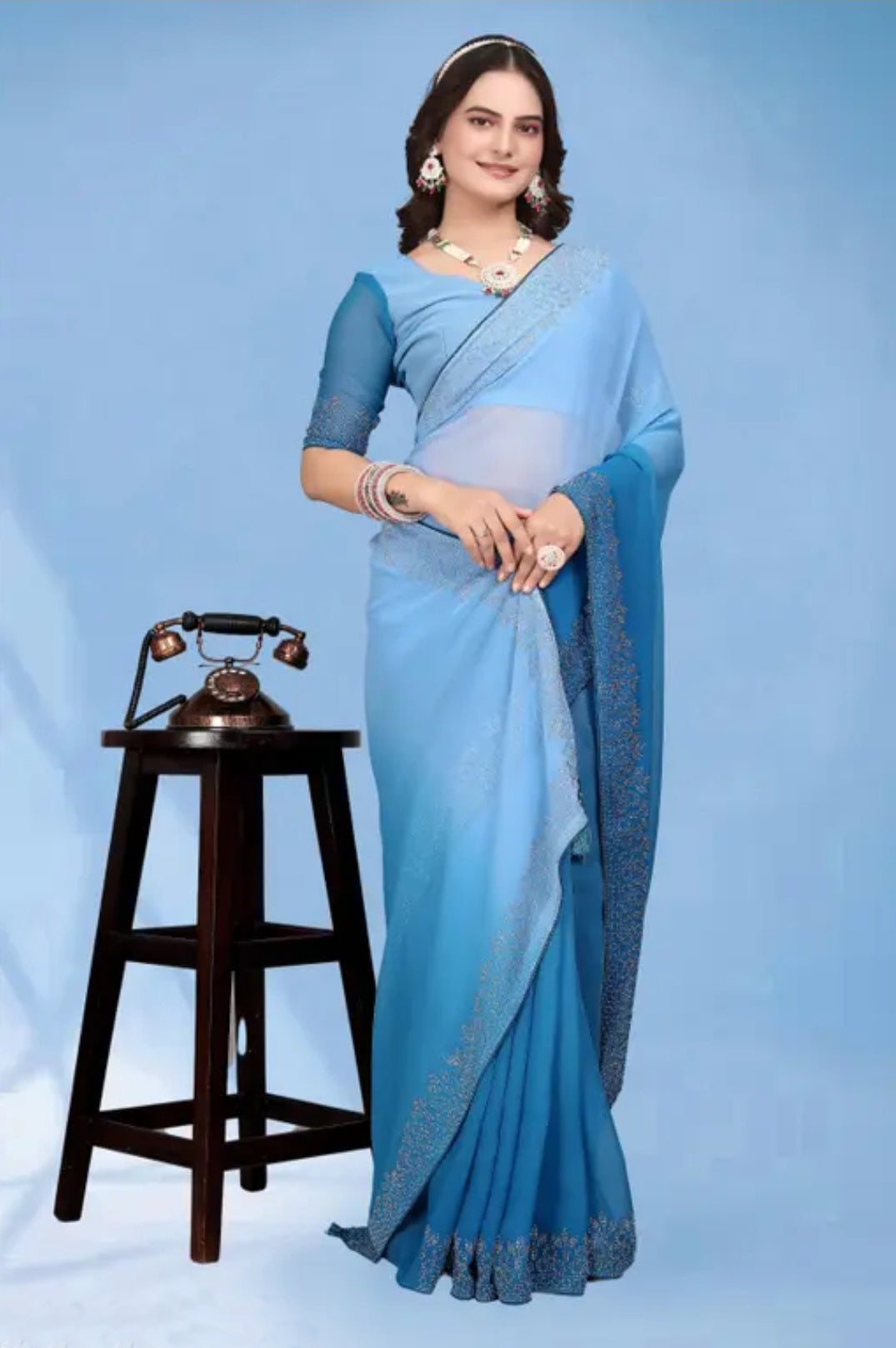 zeekha dimond stone work hot fixing georgette sarees With Unstitched Blouse Piece (blue-sky blue)