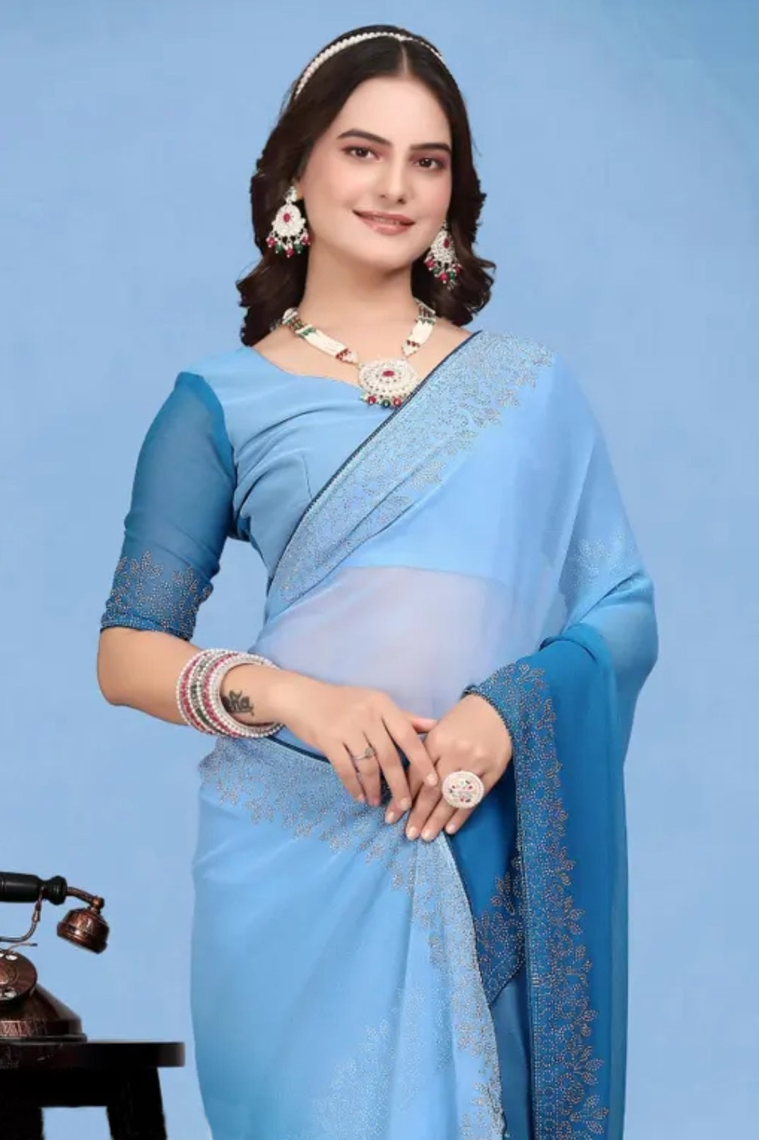 zeekha dimond stone work hot fixing georgette sarees With Unstitched Blouse Piece (blue-sky blue)