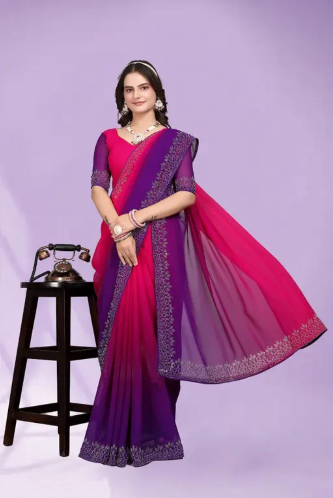 zeekha dimond stone work hot fixing georgette sarees With Unstitched Blouse Piece (pink-blue)