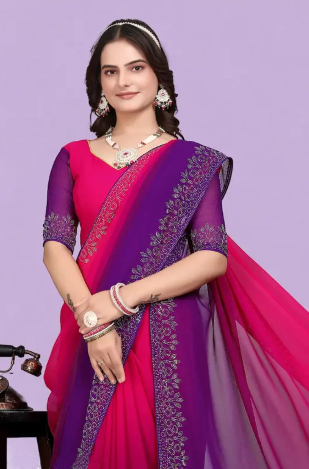 zeekha dimond stone work hot fixing georgette sarees With Unstitched Blouse Piece (pink-blue)